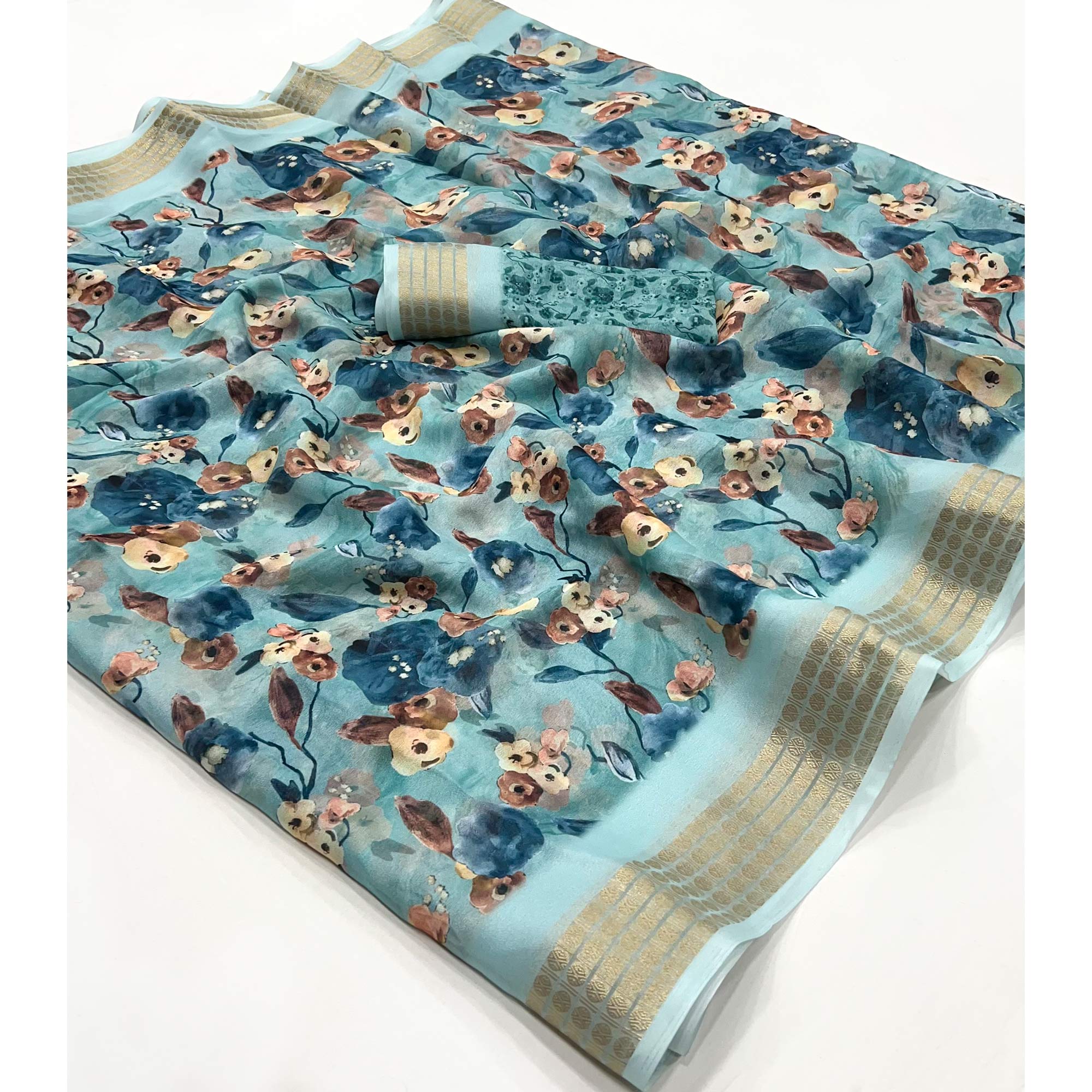 Blue Floral Digital Printed Georgette Saree With Zari Border
