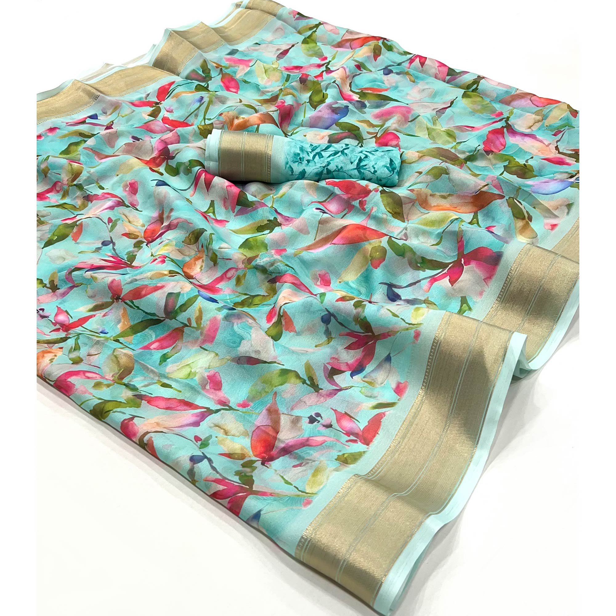 Blue Floral Digital Printed Georgette Saree With Zari Border