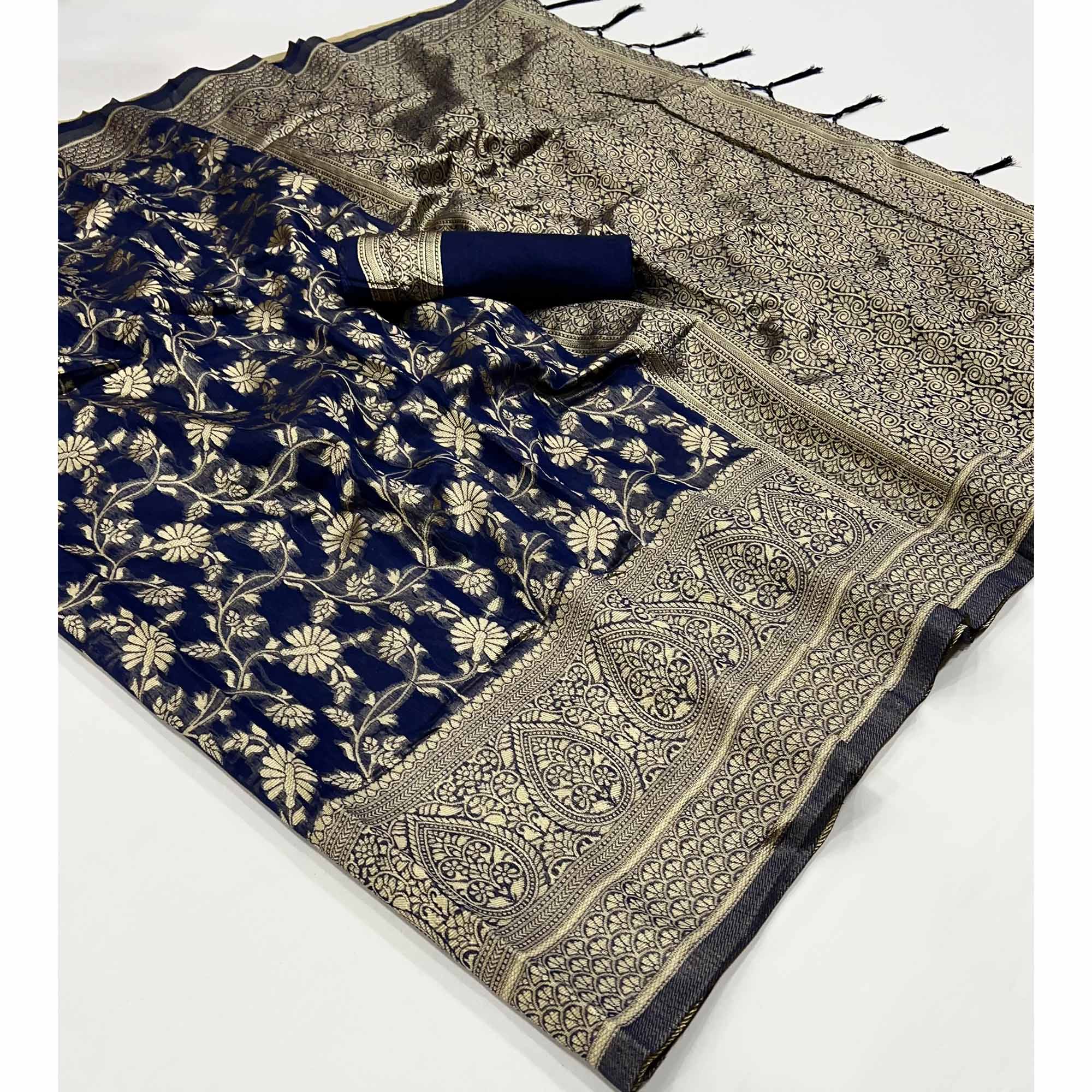 Blue Floral Woven Cotton Blend Saree With Tassels
