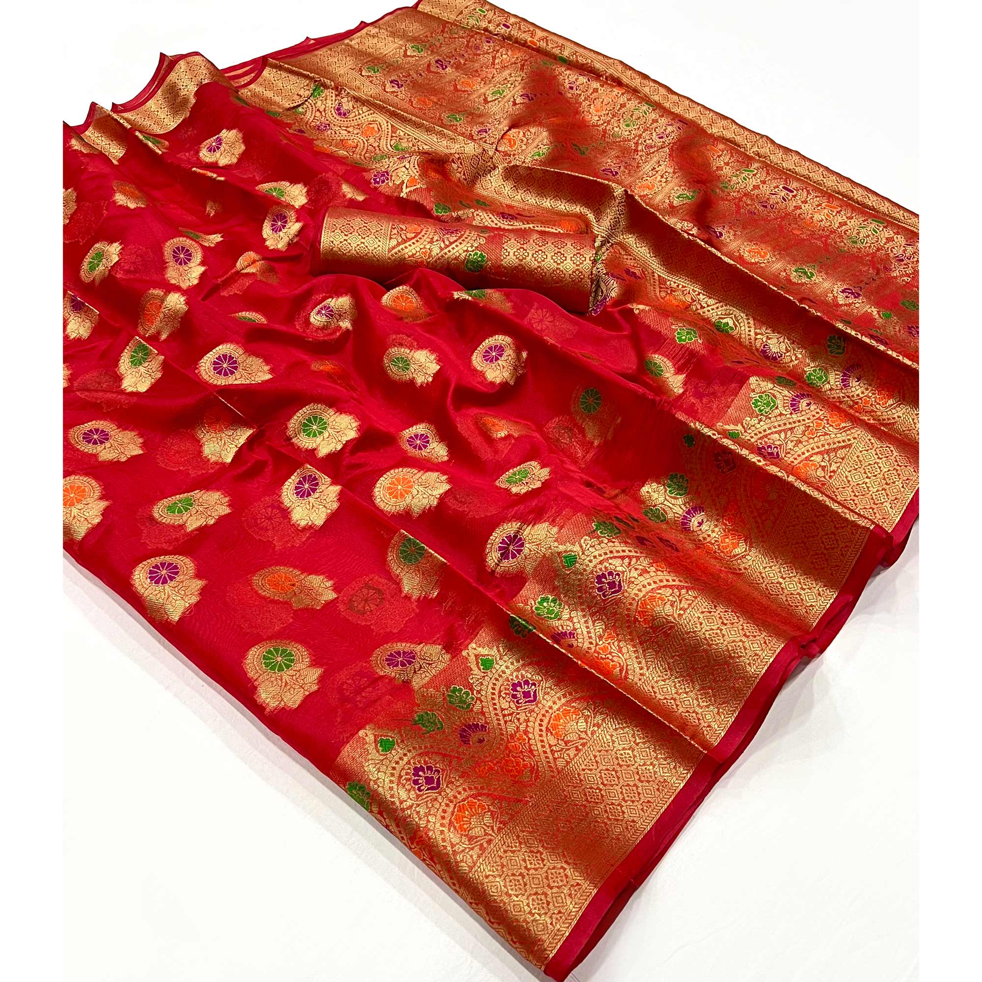 Red Floral Woven Organza Saree
