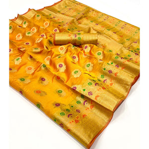 Mustard Floral Woven Organza Saree