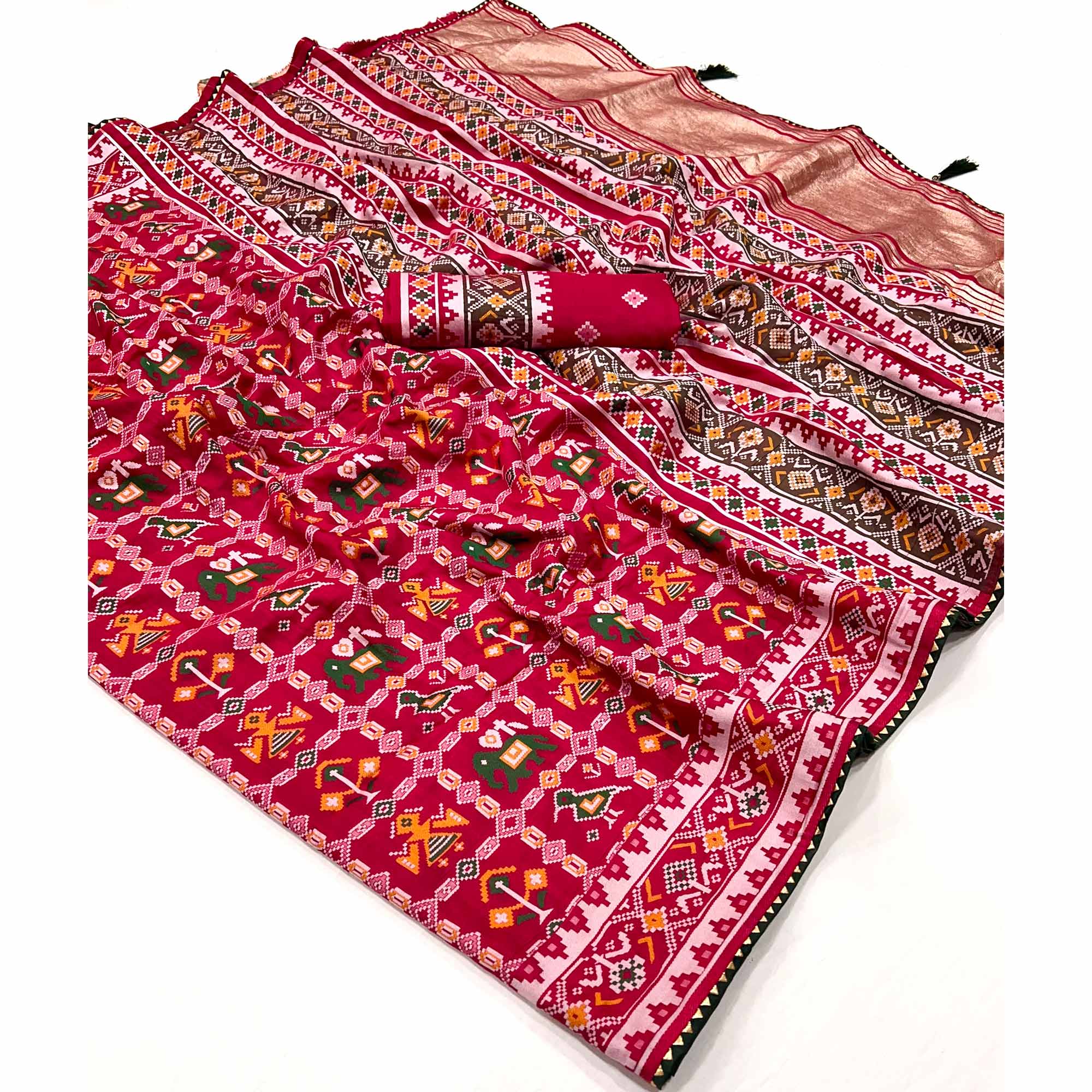 Rani Pink Woven Viscose Saree With Tassels