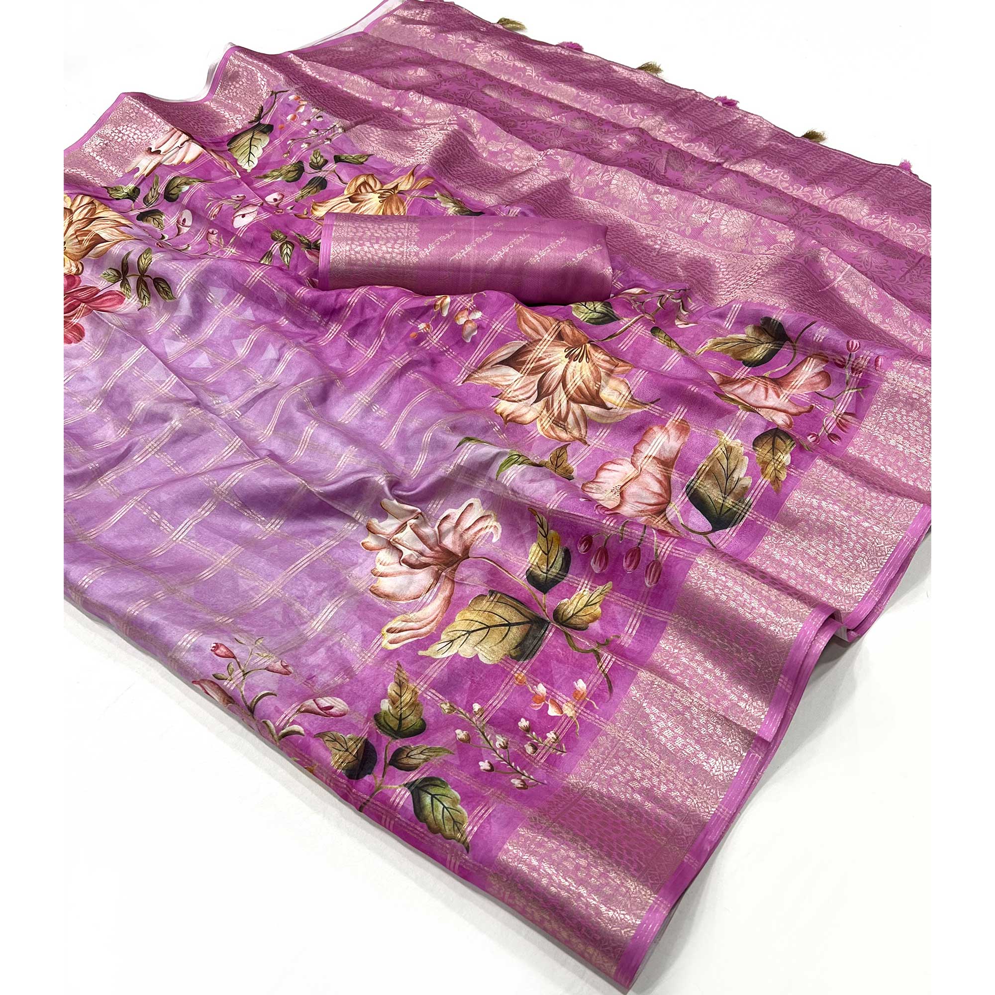 Purple Woven With Floral Digital Printed Fancy Fabric Saree