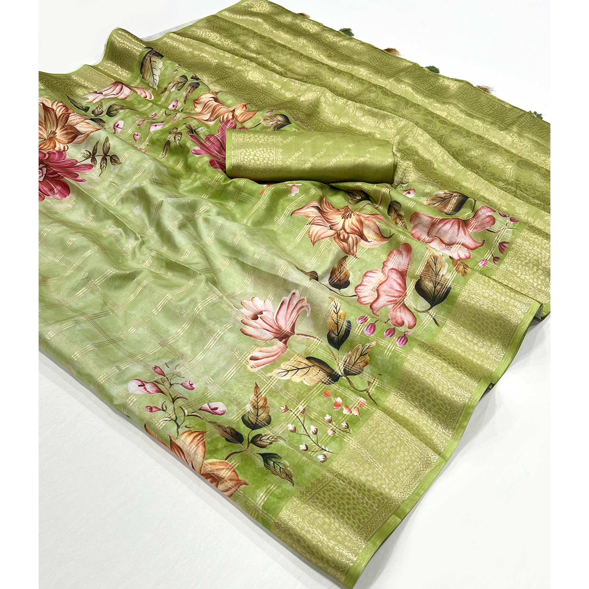 Green Woven With Floral Digital Printed Fancy Fabric Saree