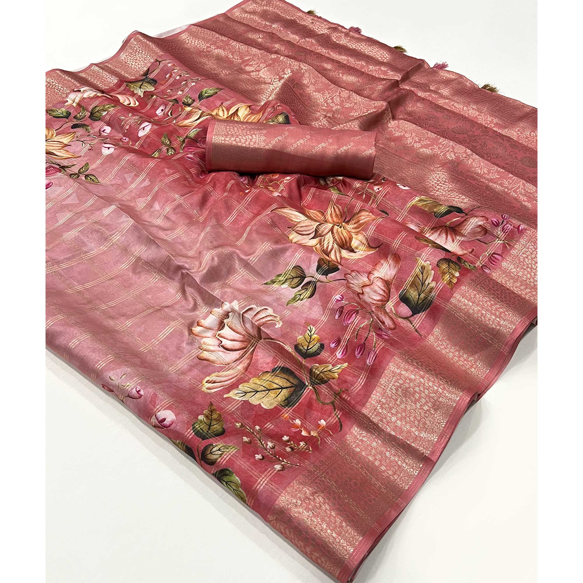 Peach Woven With Floral Digital Printed Fancy Fabric Saree