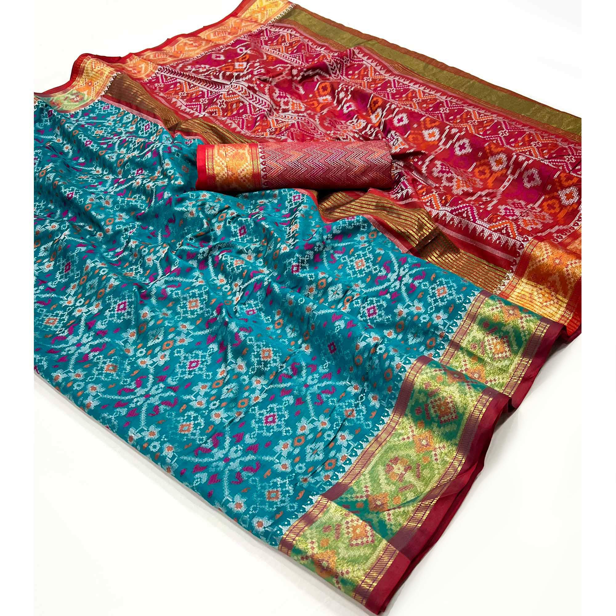 Teal Woven Cotton Silk Patola Saree