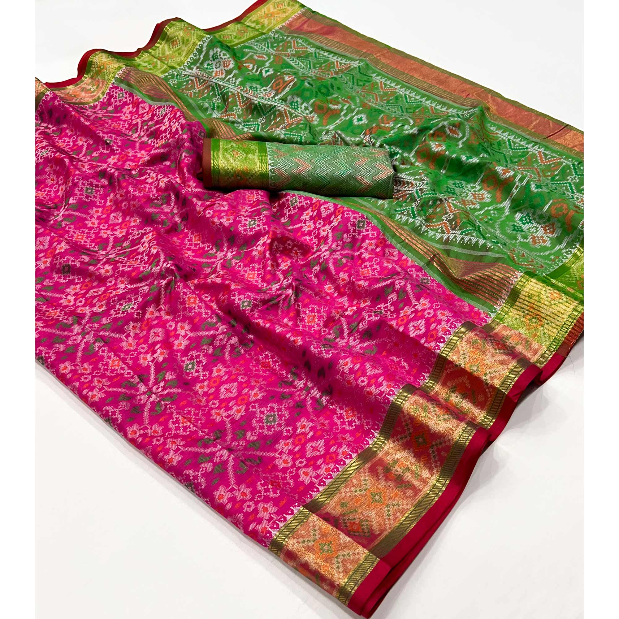 Rani Pink Woven Cotton Silk Patola Saree