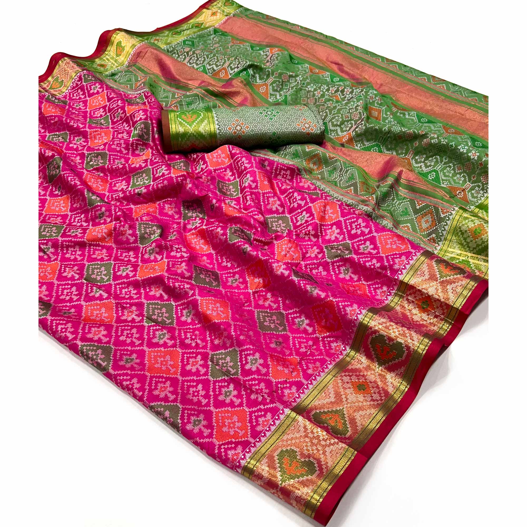 Rani Pink Woven Cotton Silk Patola Saree