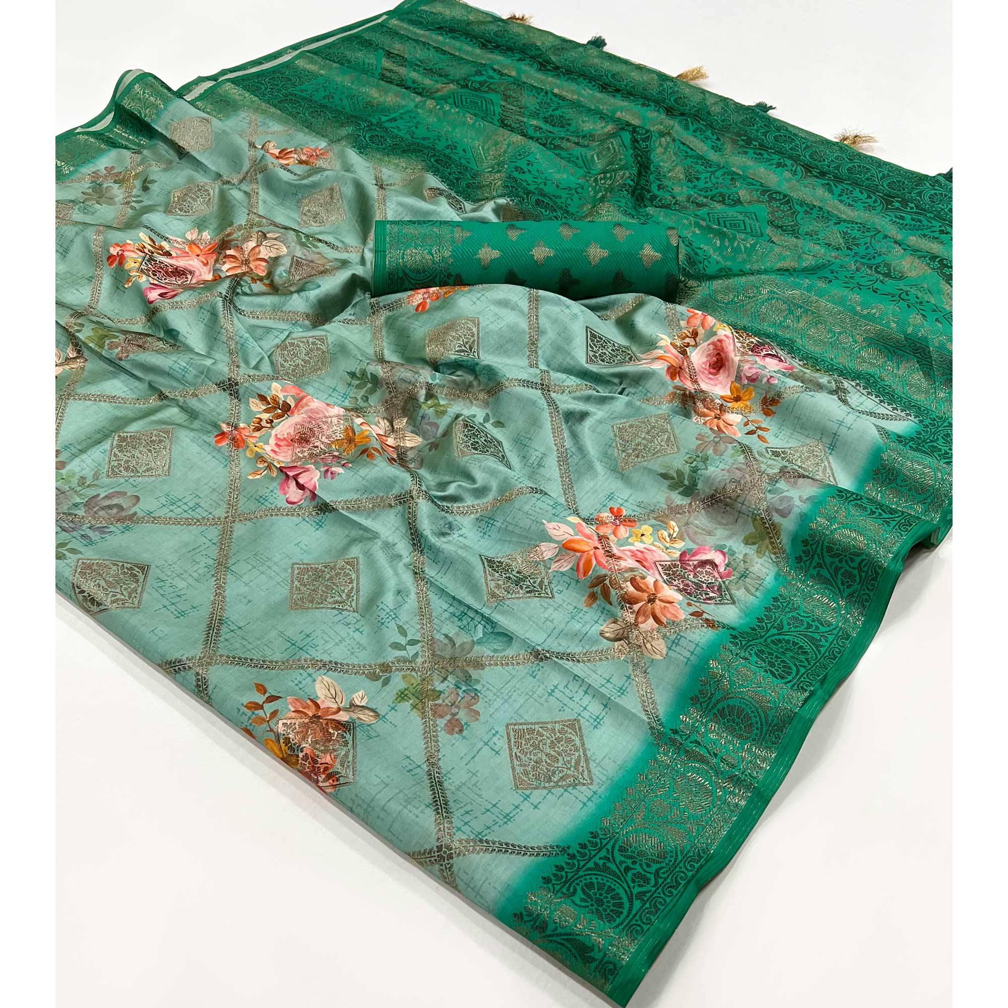 Sea Green Woven With Floral Digital Printed Raw Silk Saree