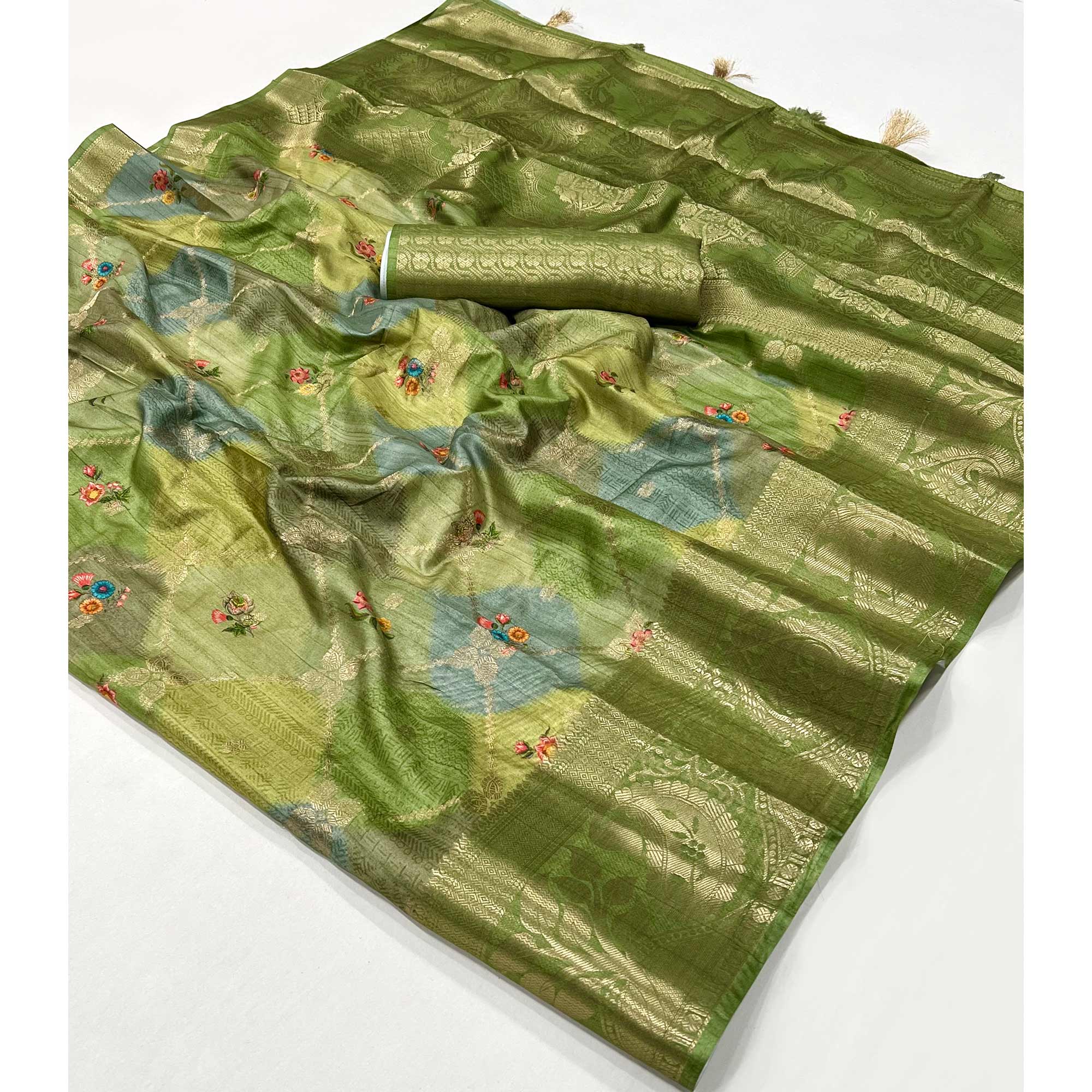 Green Woven With Floral Digital Printed Raw Silk Saree