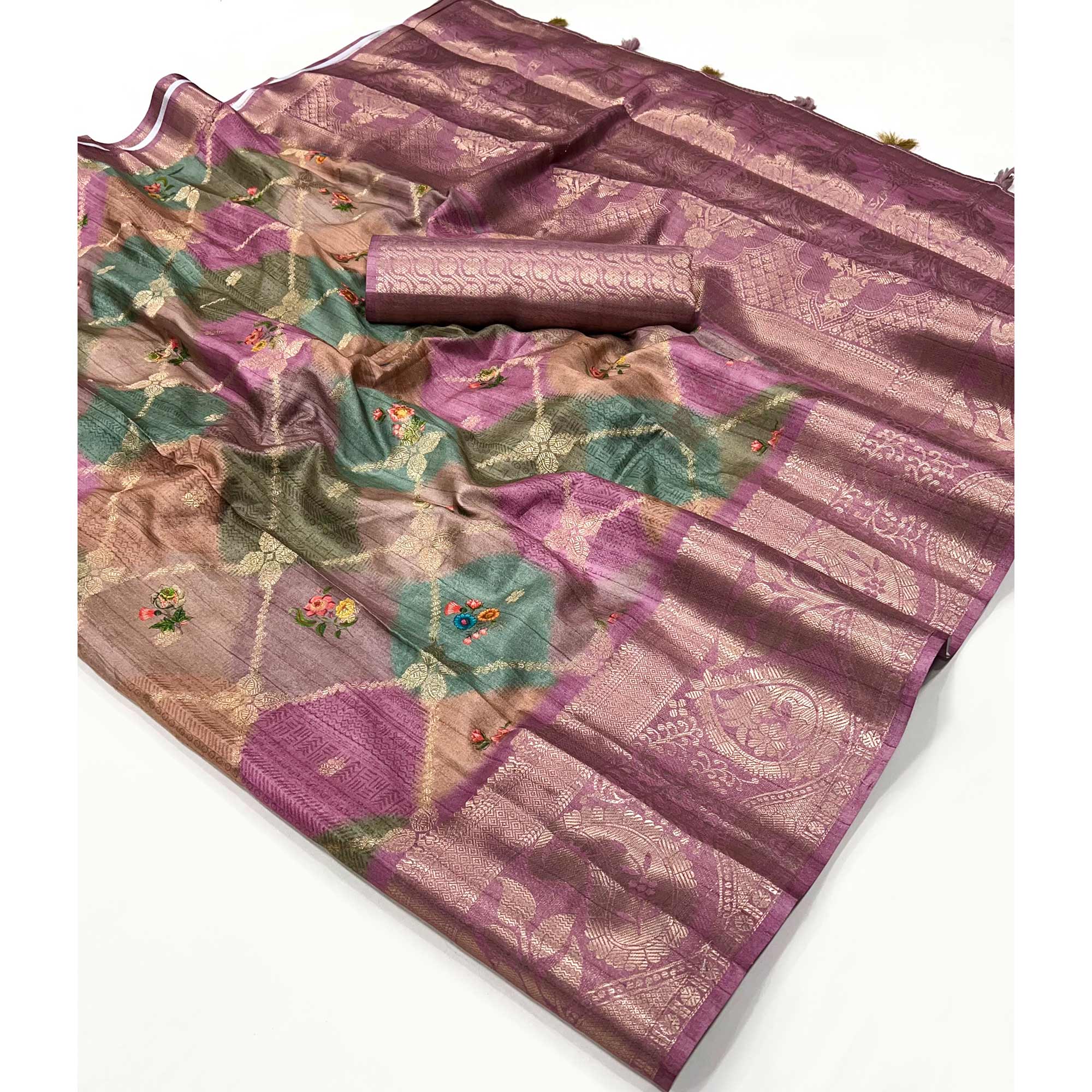 Purple Woven With Floral Digital Printed Raw Silk Saree