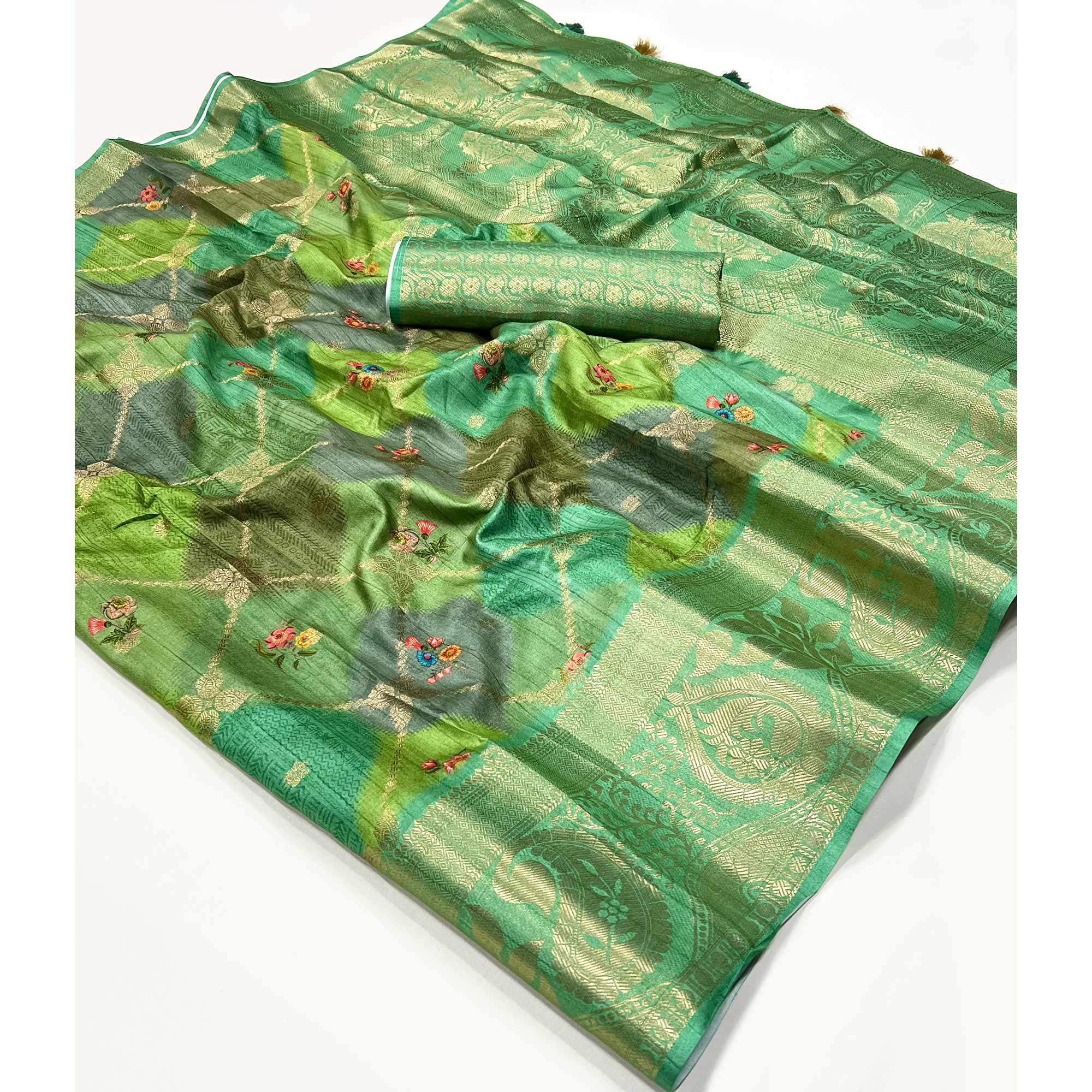 Rama Green Woven With Floral Digital Printed Raw Silk Saree