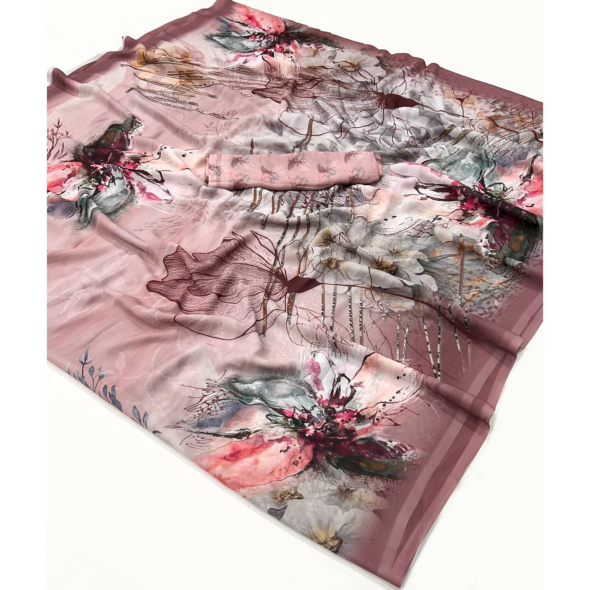 Peach Floral Digital Printed Georgette Saree