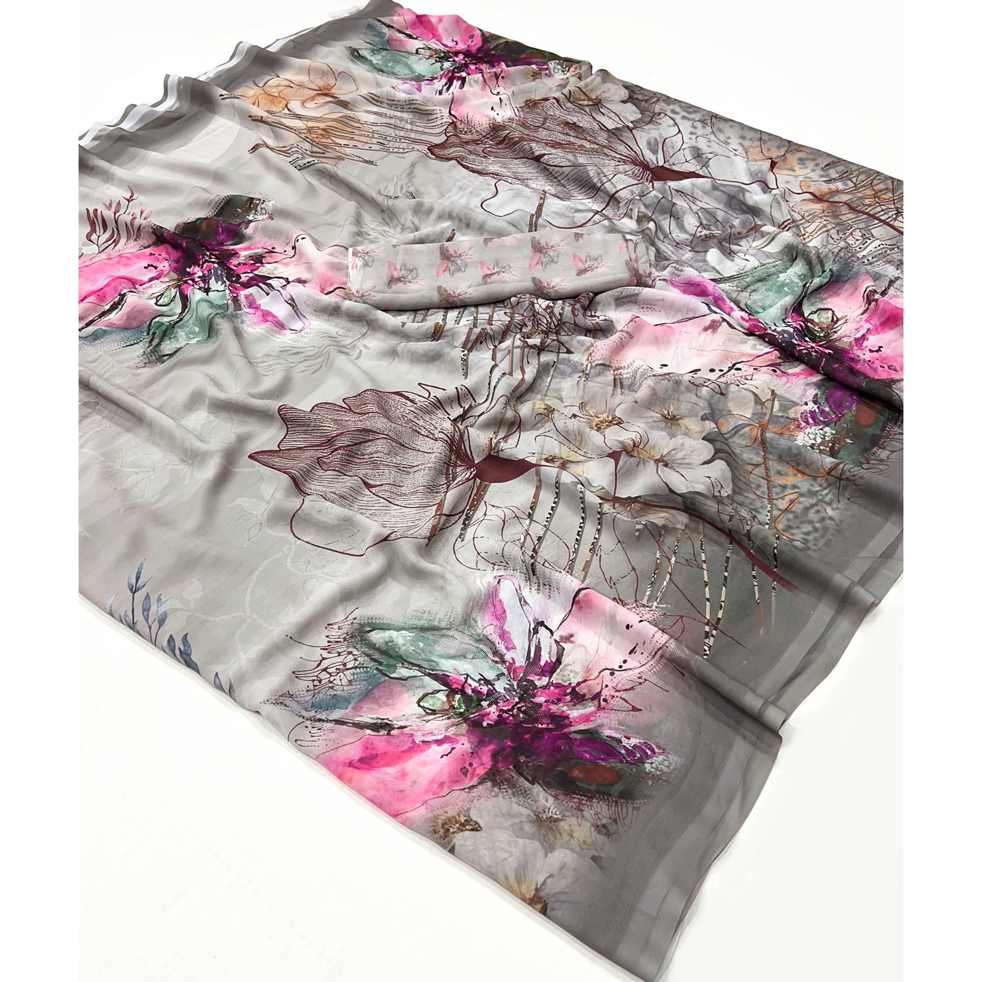 Grey Floral Digital Printed Georgette Saree
