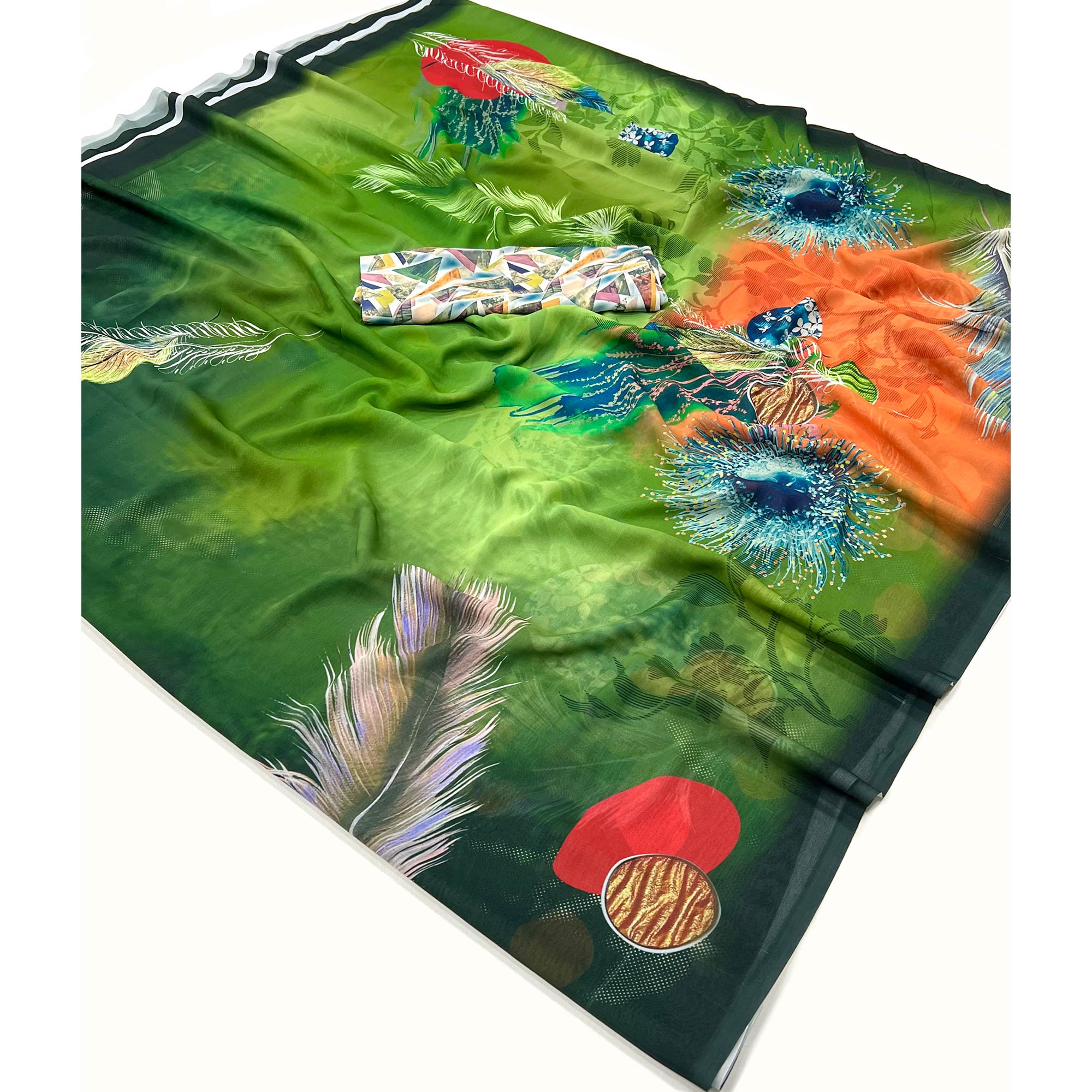Green Floral Digital Printed Georgette Saree