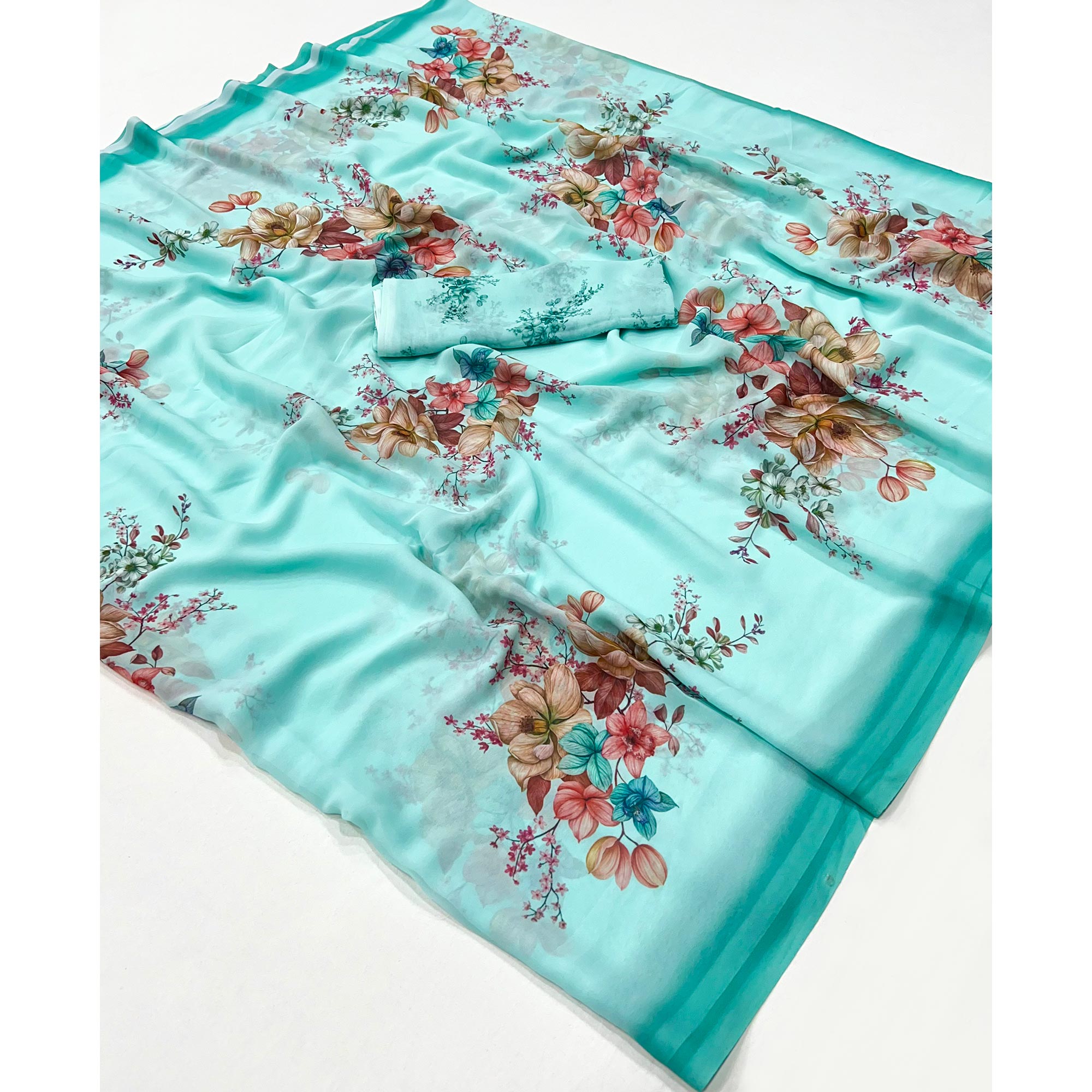 Turquoise Floral Digital Printed Georgette Saree