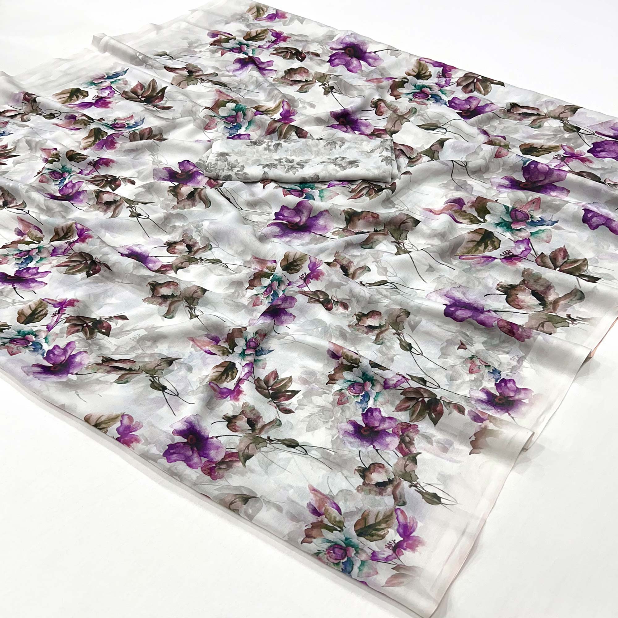 White Floral Digital Printed Georgette Saree