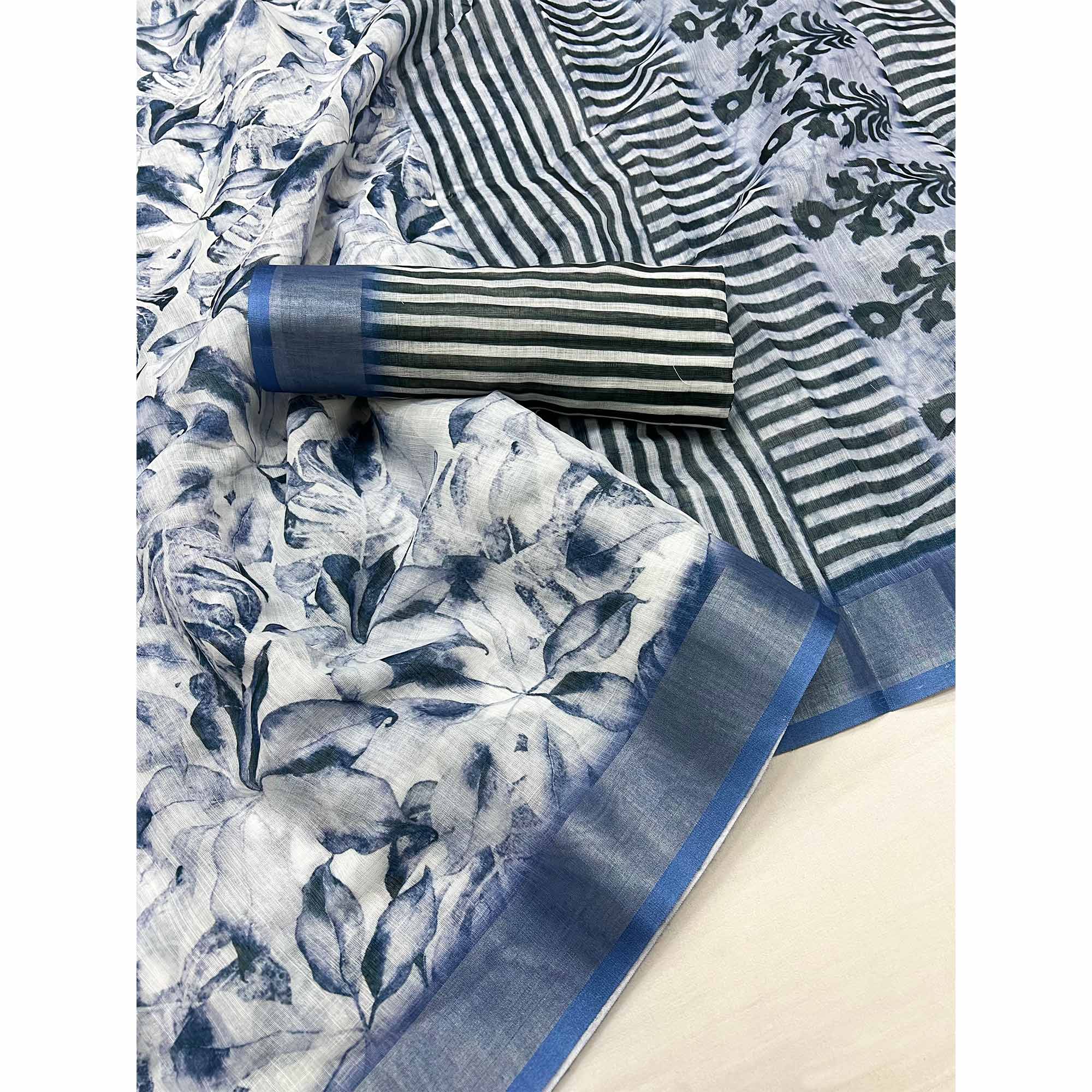 White & Blue Floral Digital Printed Linen Saree With Zari Border