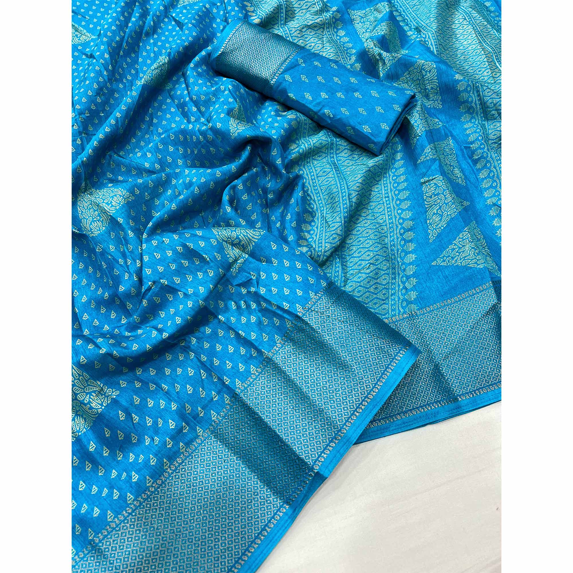 Blue Geometric Printed Dola Silk Saree With Zari Border