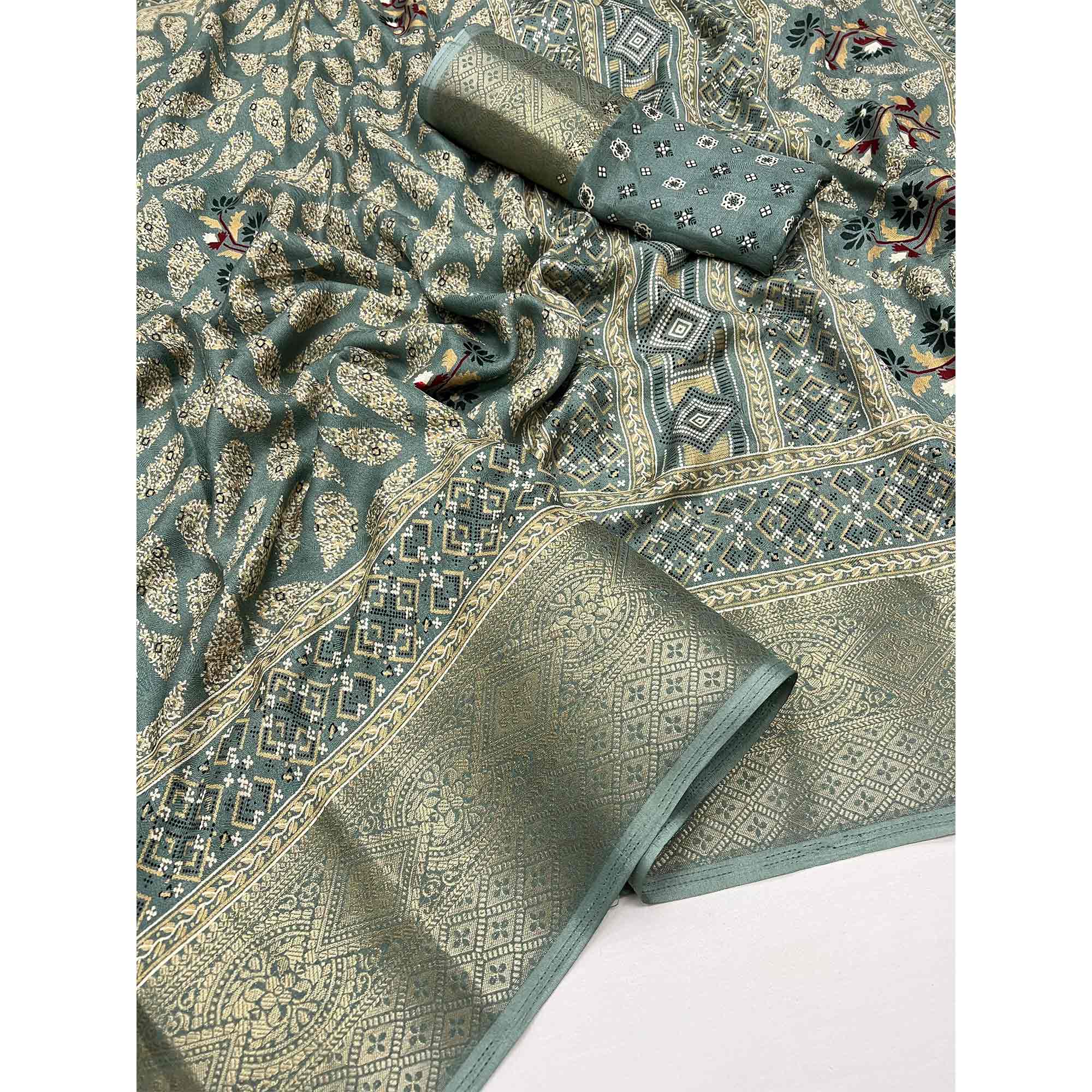 Green Printed Georgette Saree With Jacquard Border