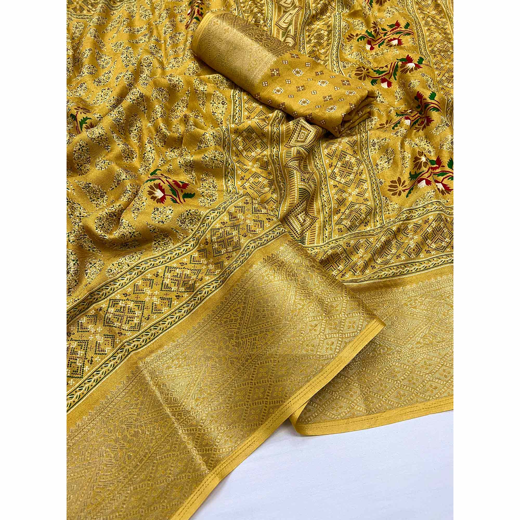 Mustard Printed Georgette Saree With Jacquard Border