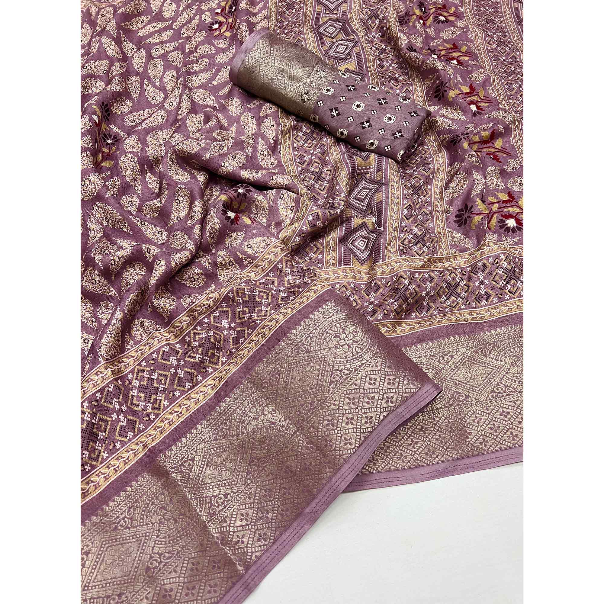 Mauve Printed Georgette Saree With Jacquard Border