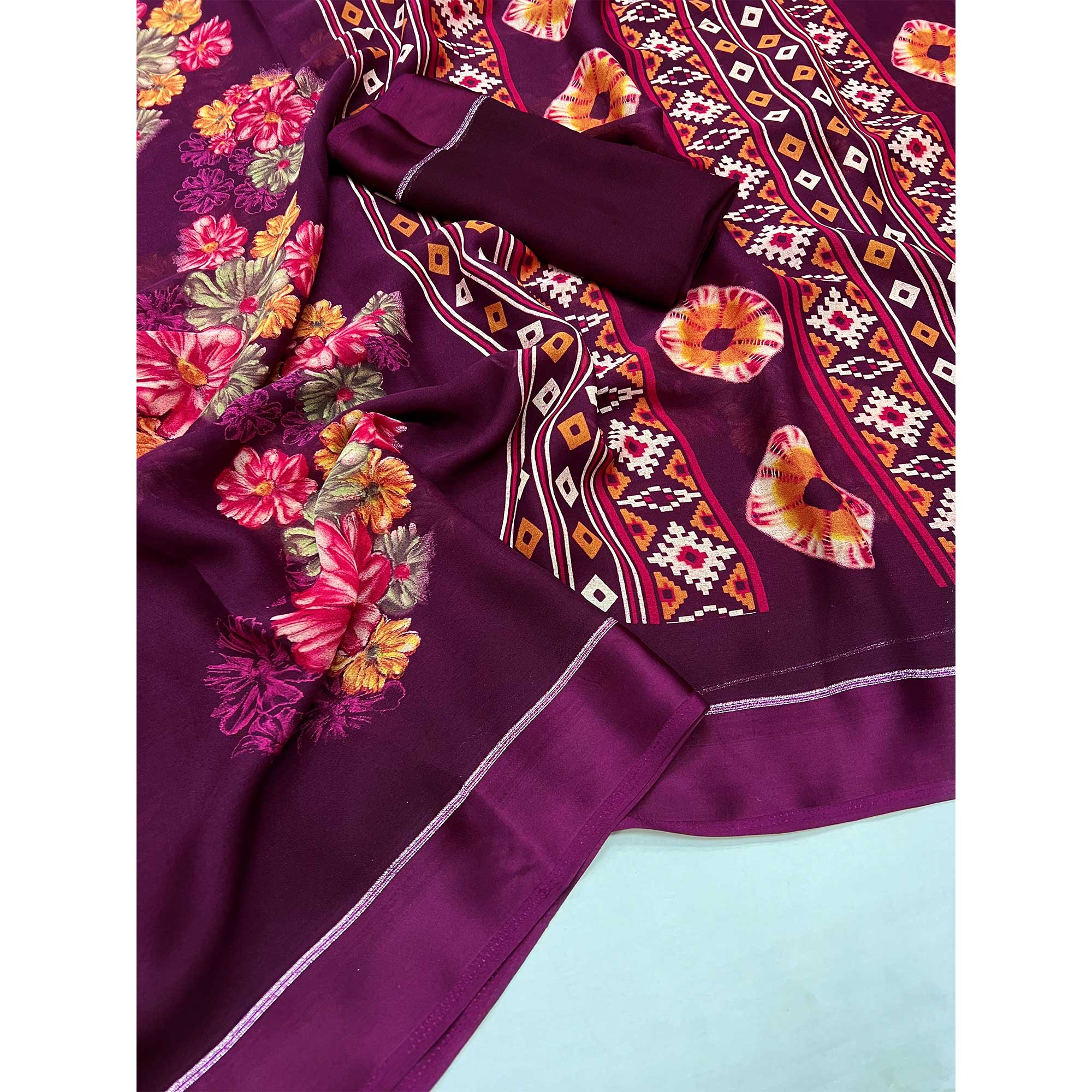 Wine Floral Printed Georgette Saree With Fancy Zari Border