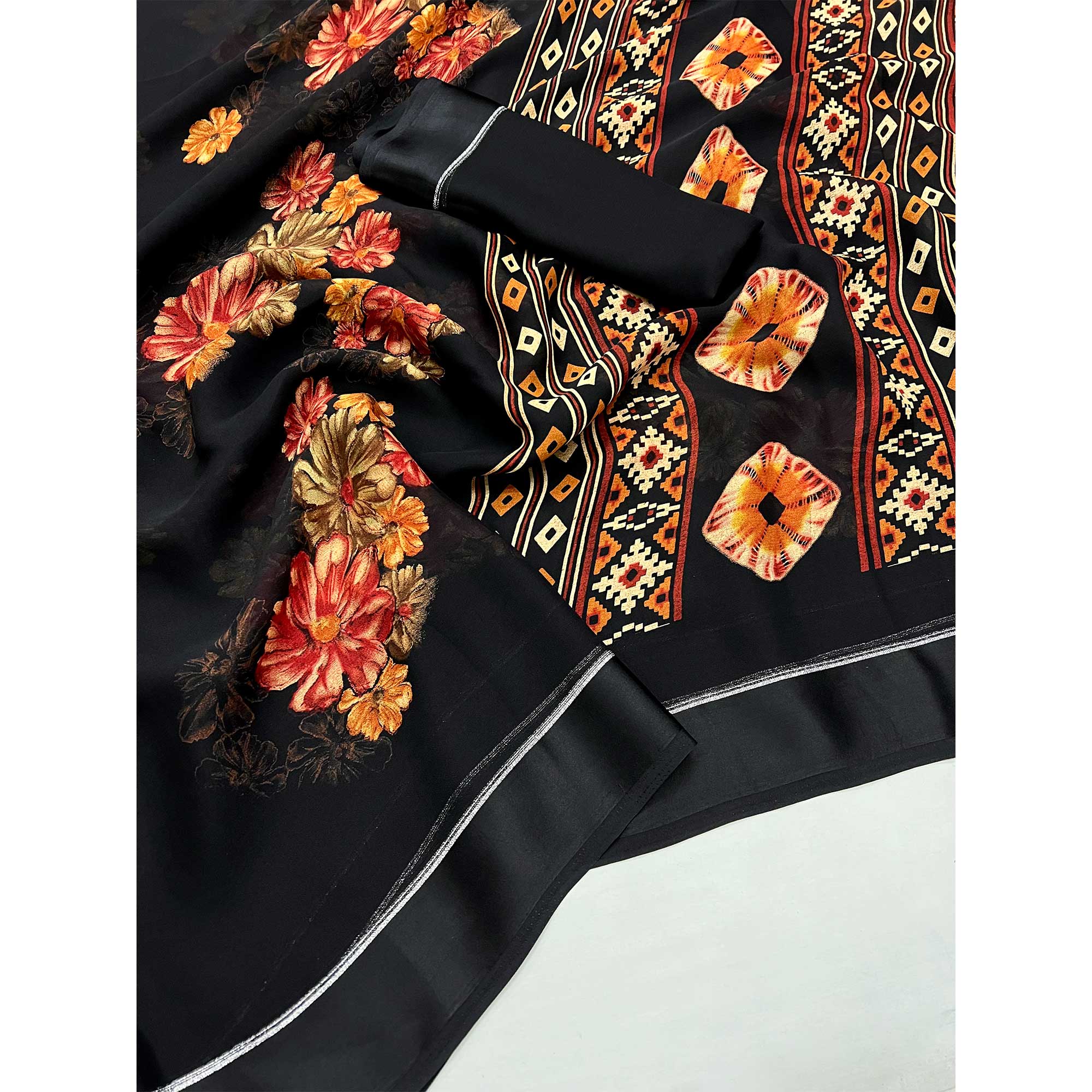 Black Floral Printed Georgette Saree With Fancy Zari Border