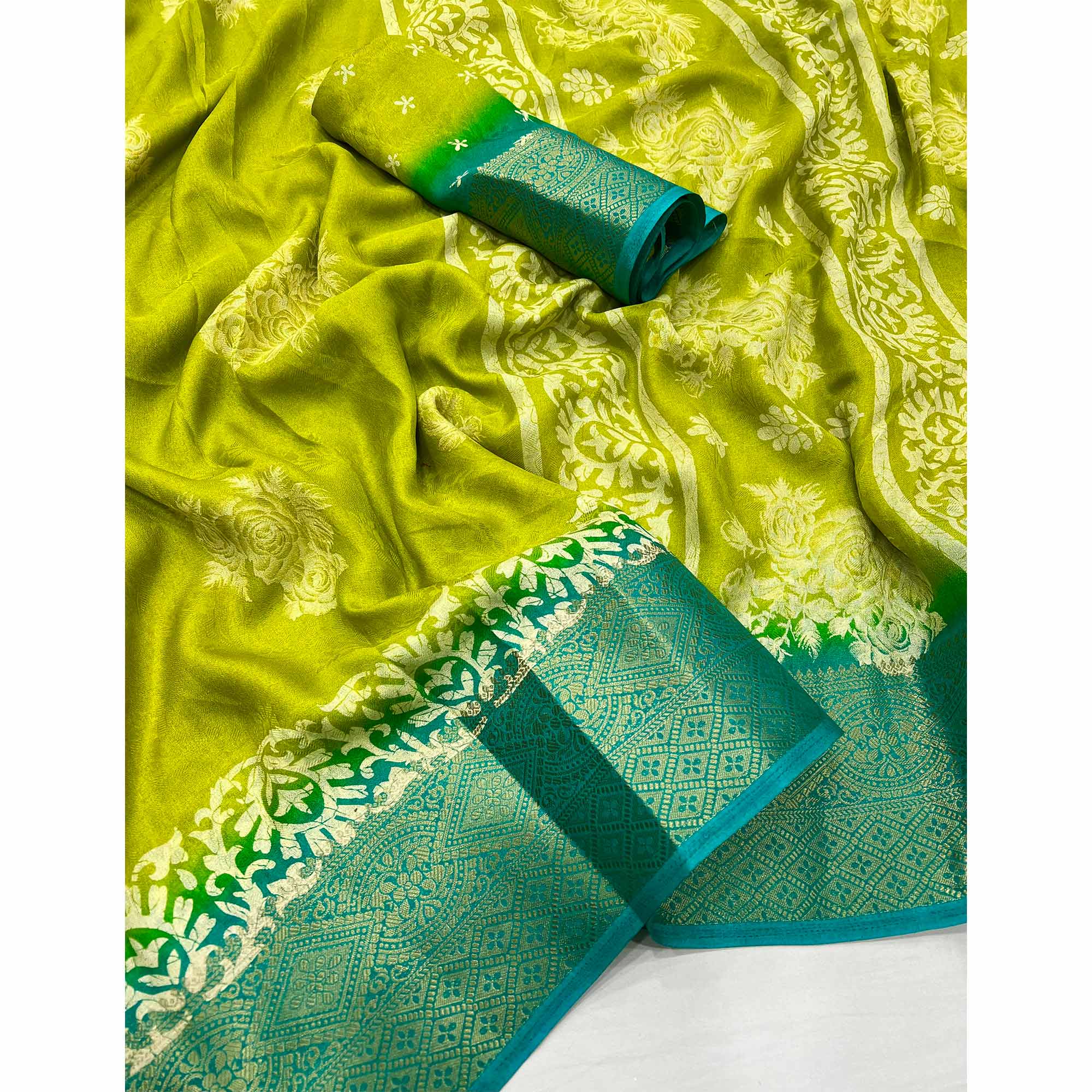 Green Floral Printed Georgette Saree With Fancy Jacquard Zari Border