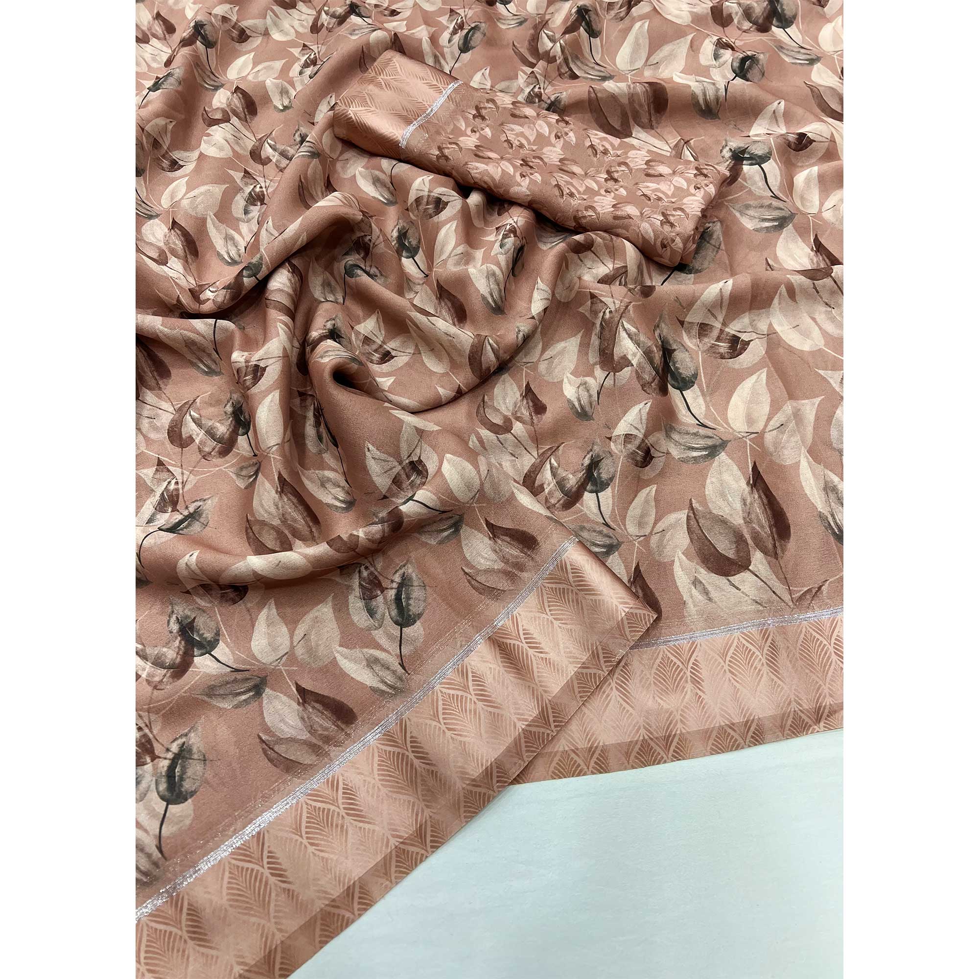 Brown Floral Digital Printed Georgette Saree With Fancy Zari Border