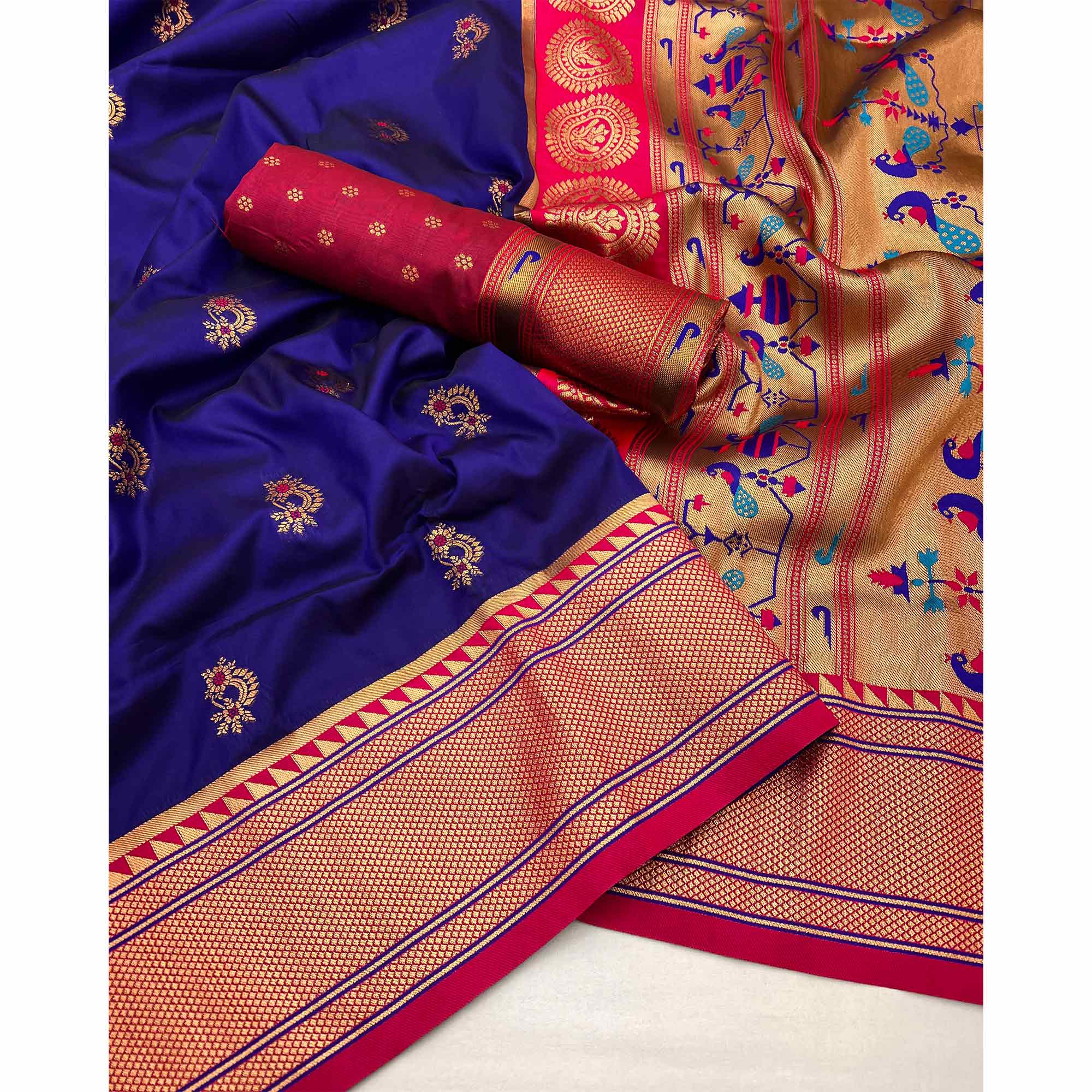 Navy Blue Floral Woven Pure Silk Saree
