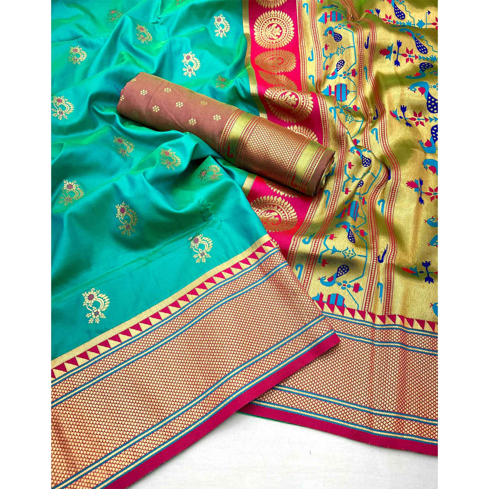 Rama Green Floral Woven Pure Silk Saree