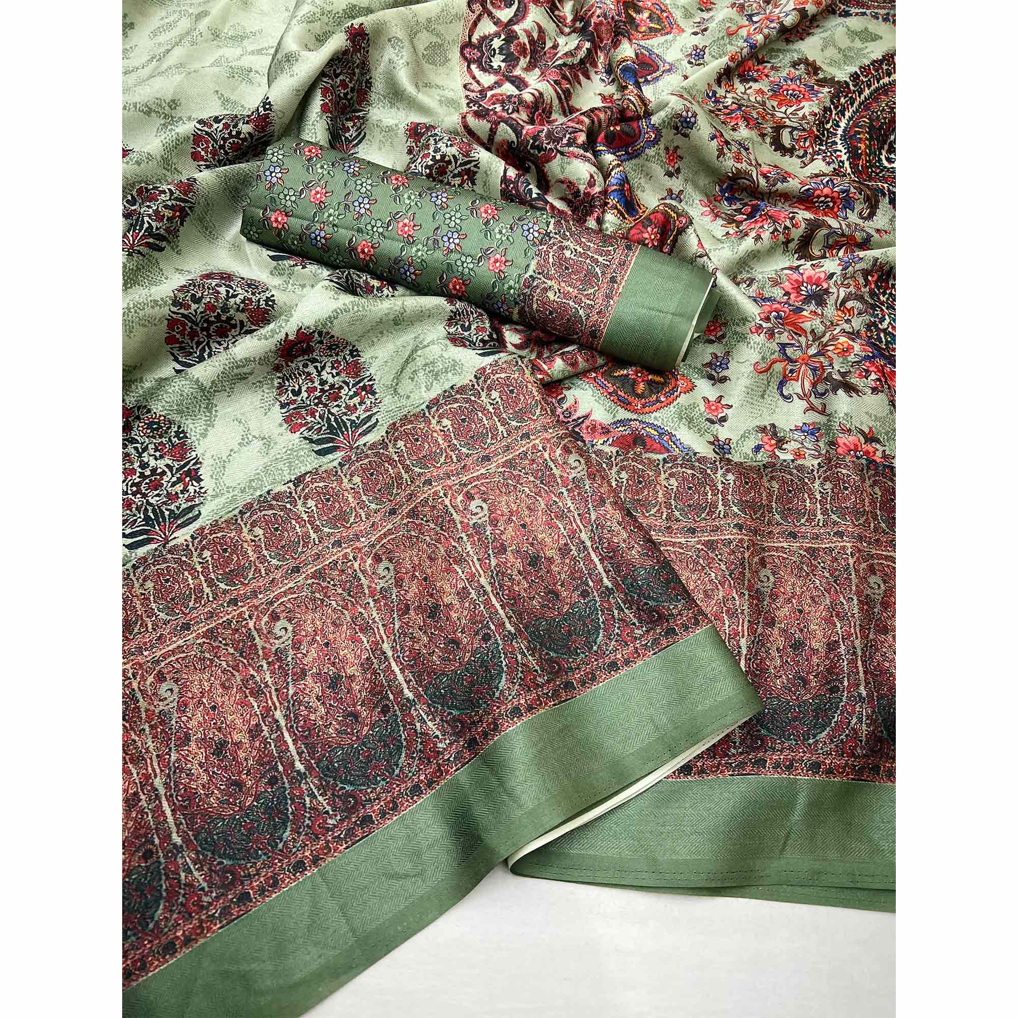 Green Floral Digital Printed Pashmina Saree