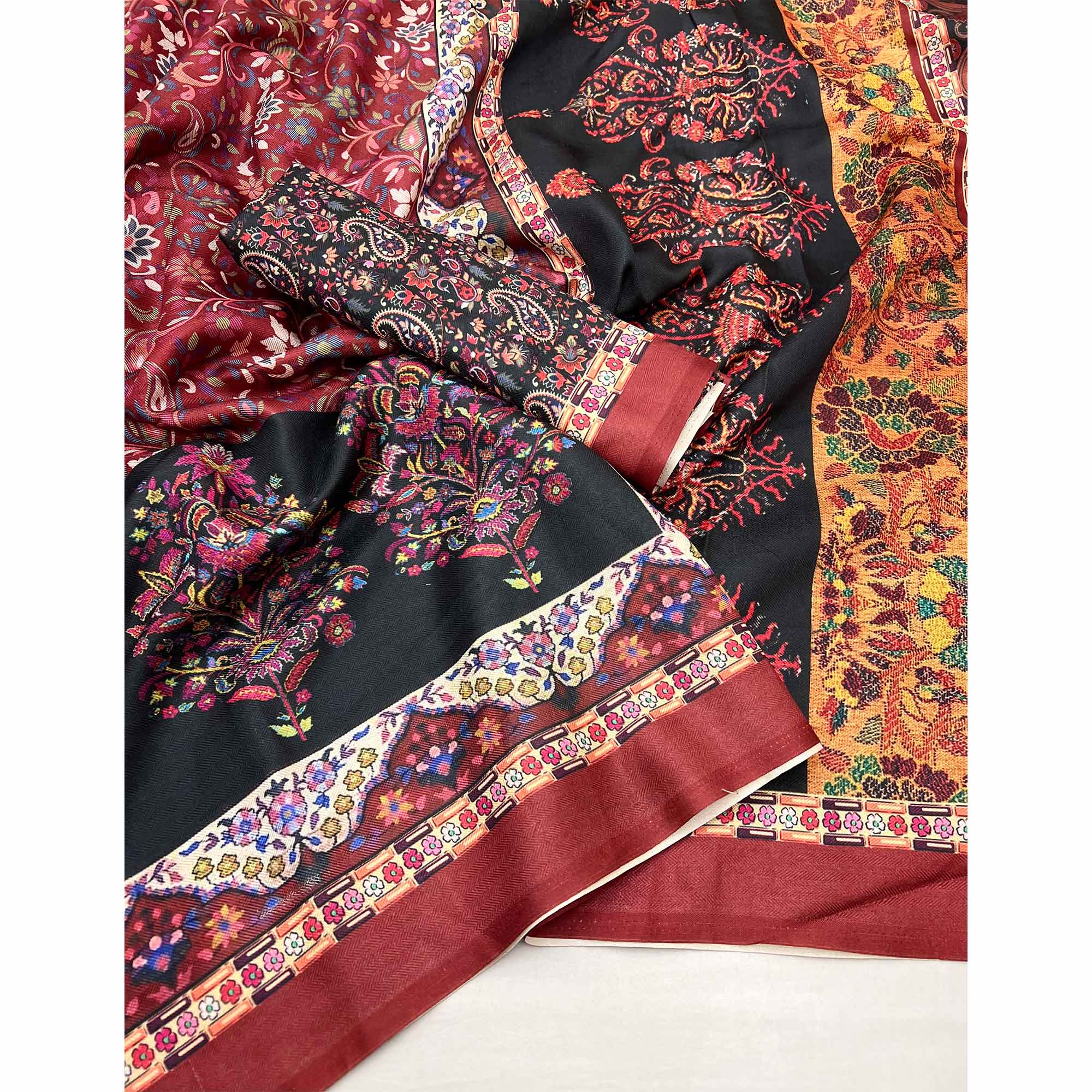 Maroon Floral Digital Printed Pashmina Saree