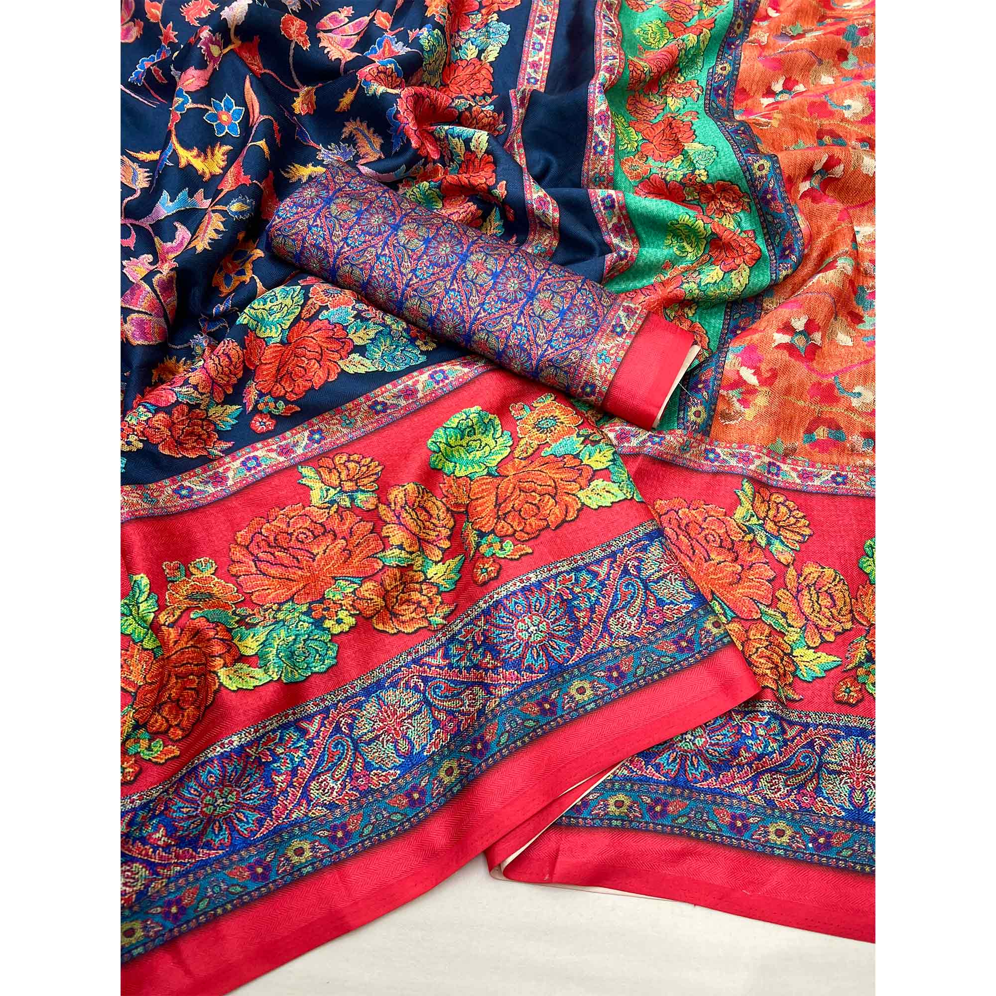 Navy Blue Floral Digital Printed Pashmina Saree