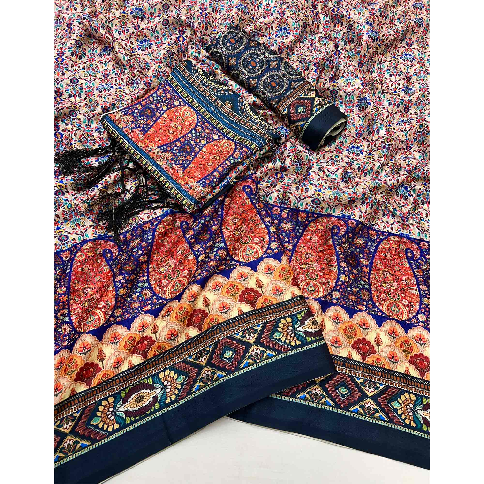 Multicolor Floral Digital Printed Pashmina Saree With Shawl