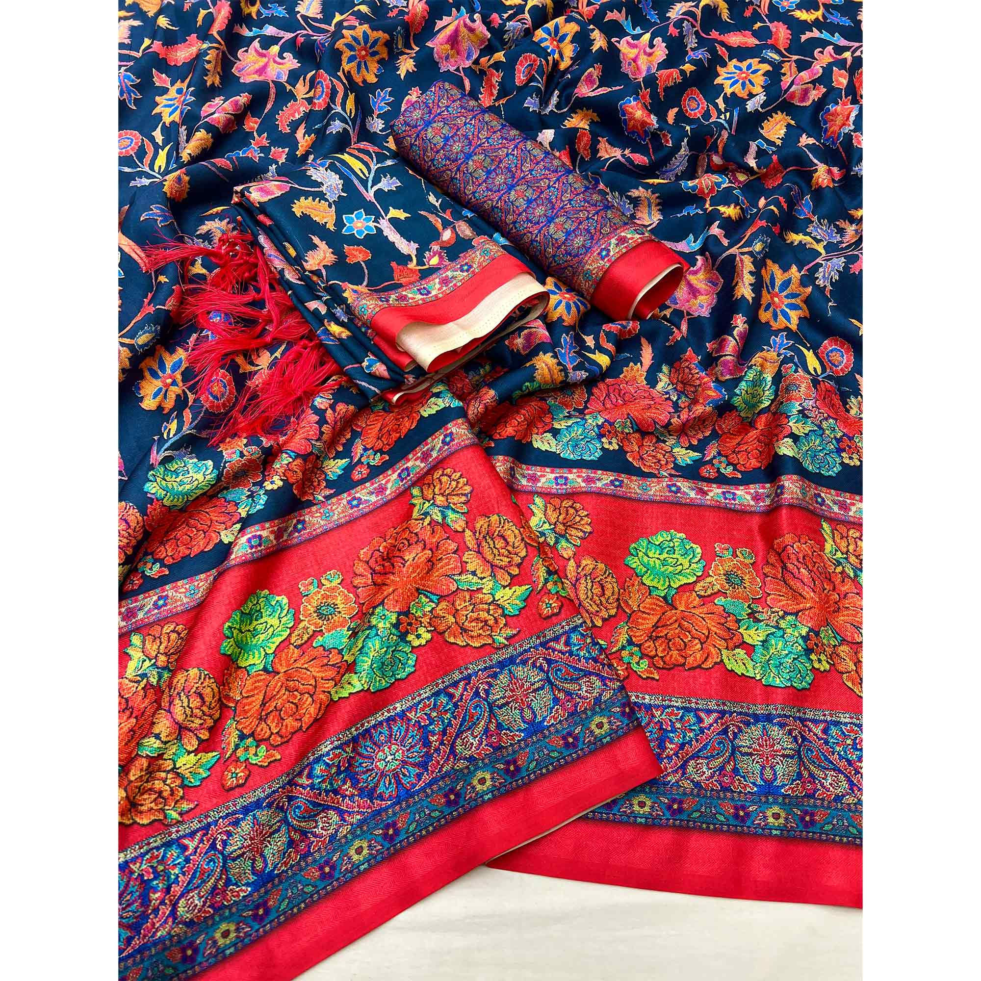 Navy Blue Floral Digital Printed Pashmina Saree With Shawl
