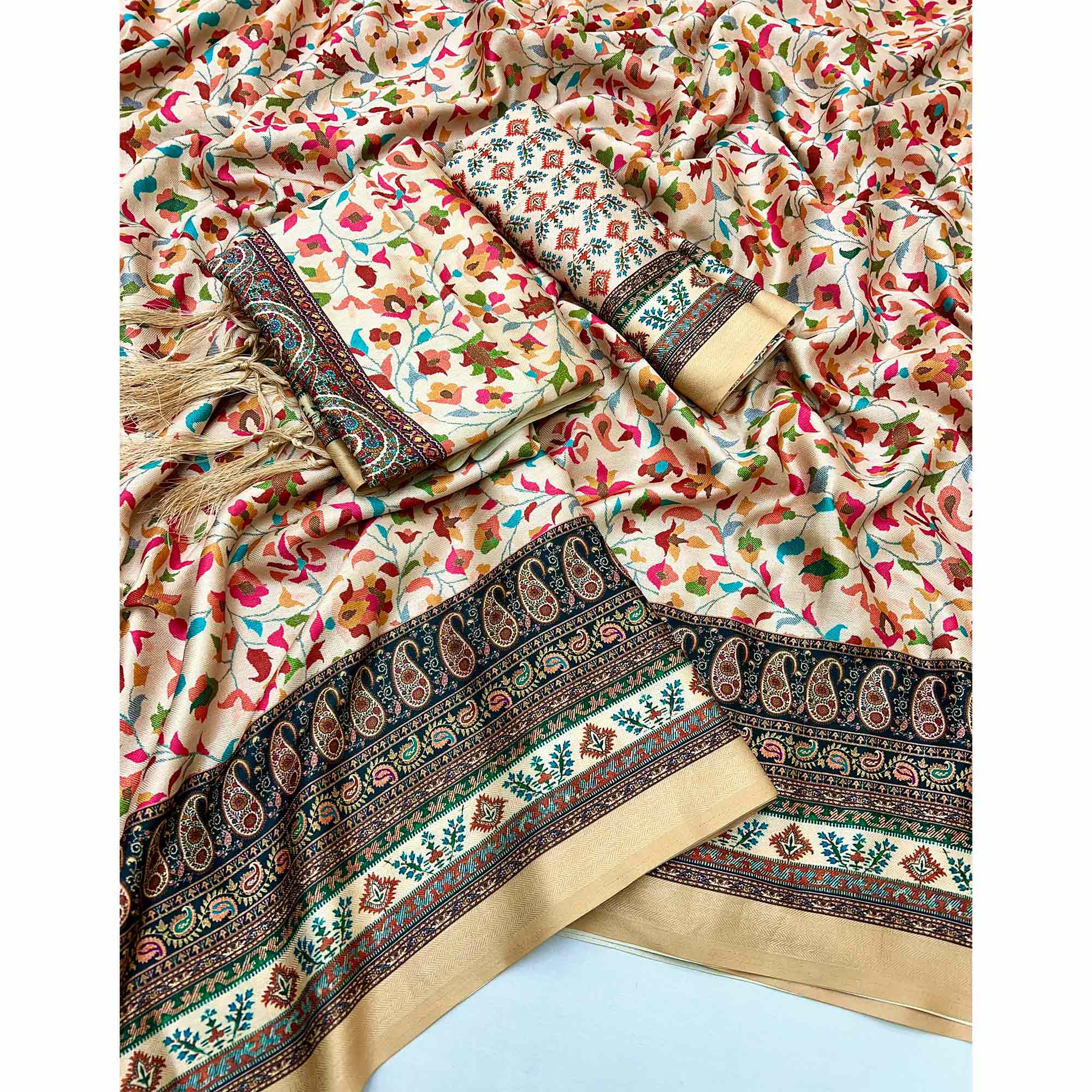 Cream Floral Digital Printed Pashmina Saree With Shawl