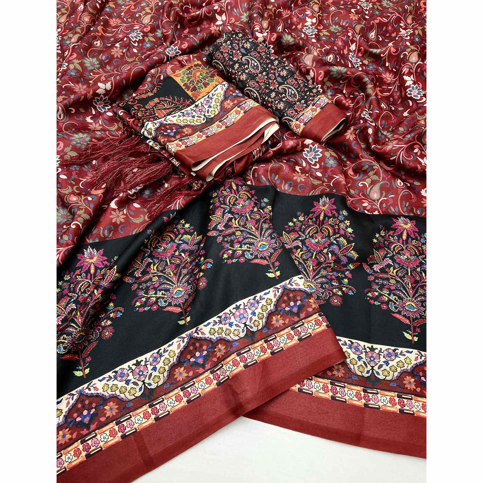 Maroon Floral Digital Printed Pashmina Saree With Shawl