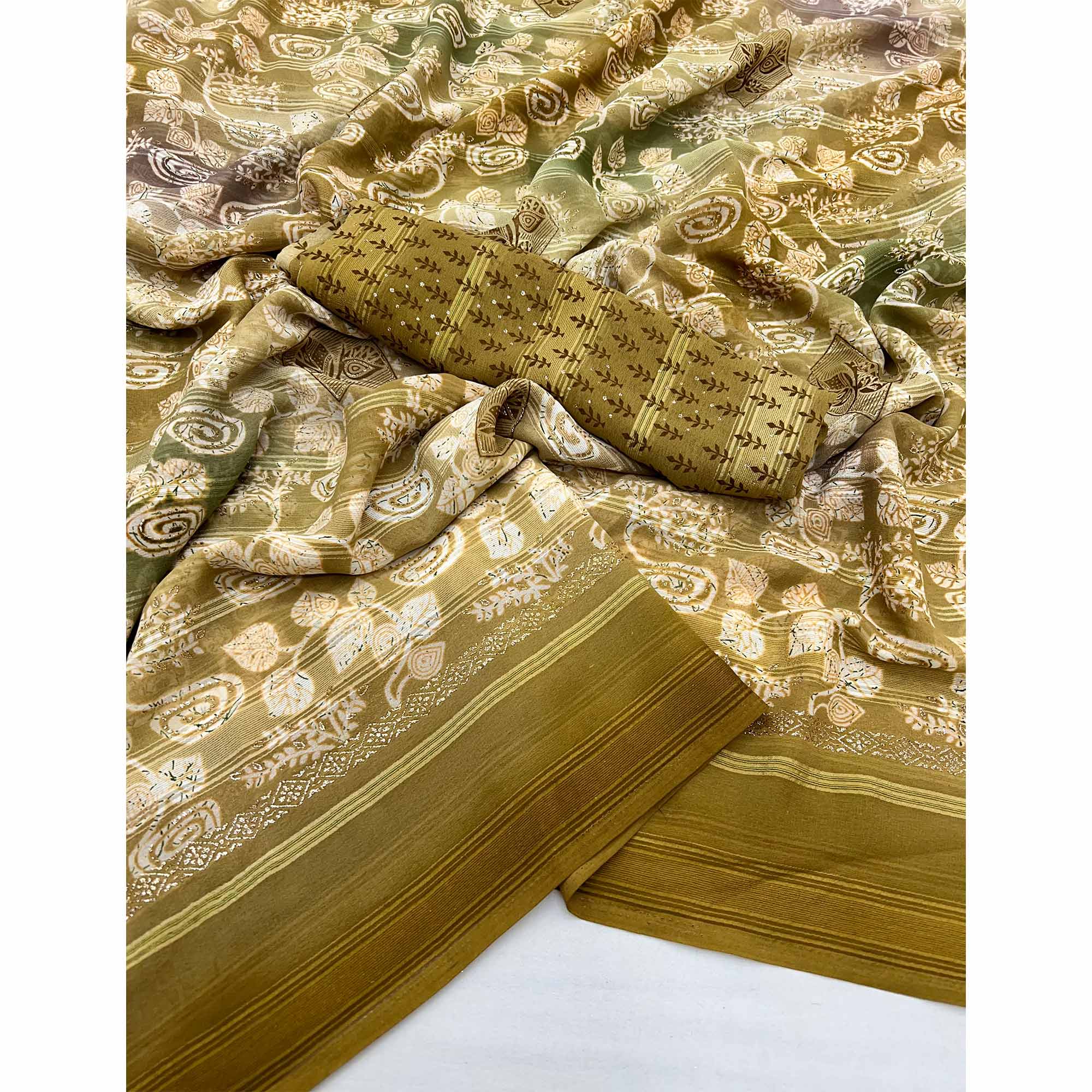 36Mehendi Green Floral Printed Georgette Saree