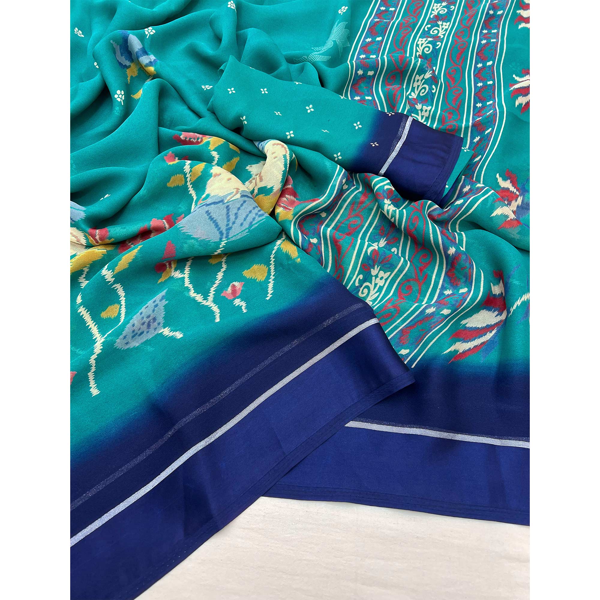 Rama Blue Floral Printed Georgette Saree With Satin Border