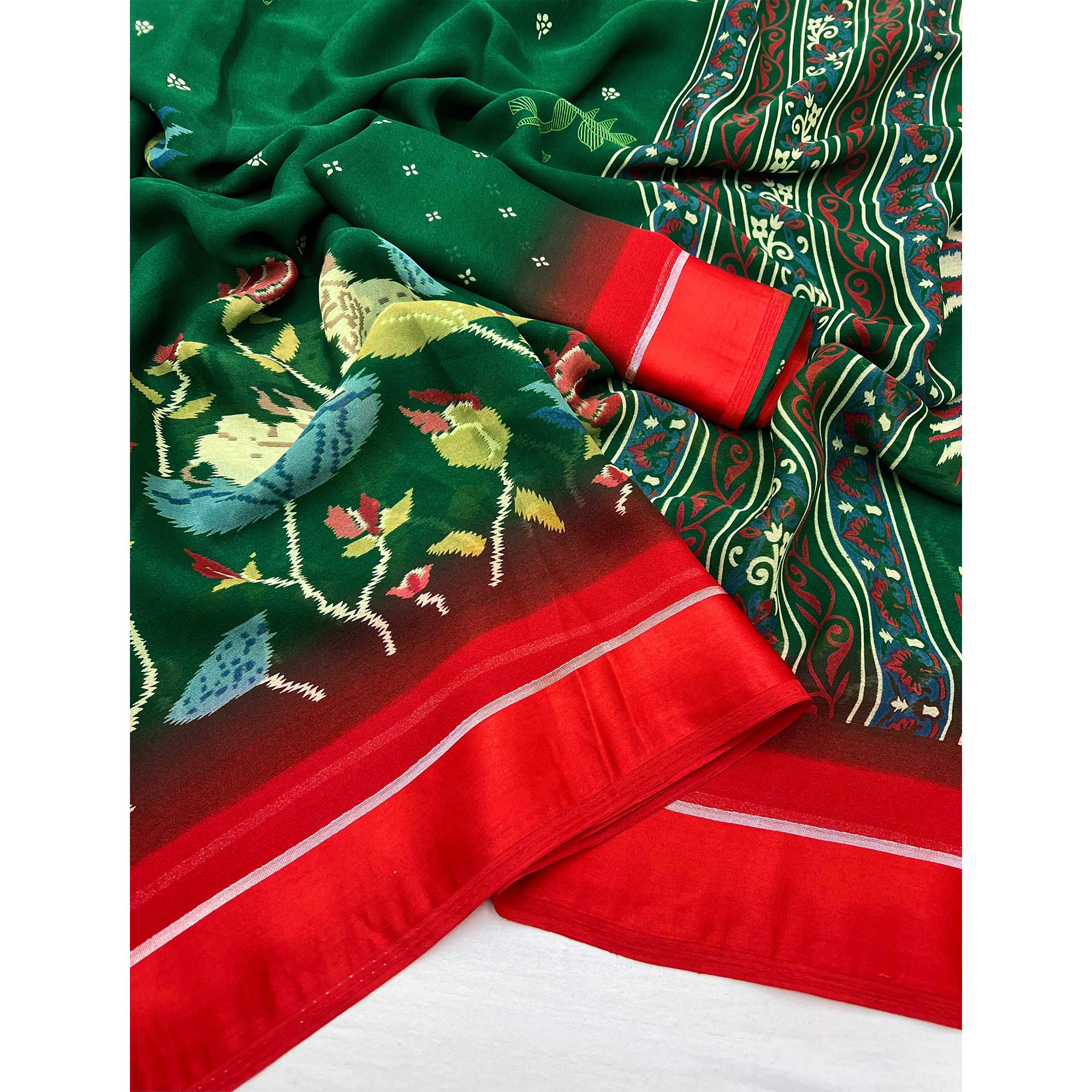 Green Floral Printed Georgette Saree With Satin Border