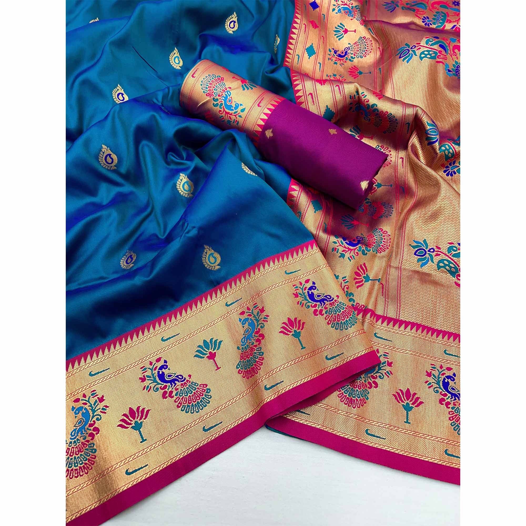 Morpich Blue Floral Woven Pure Silk Paithani Saree