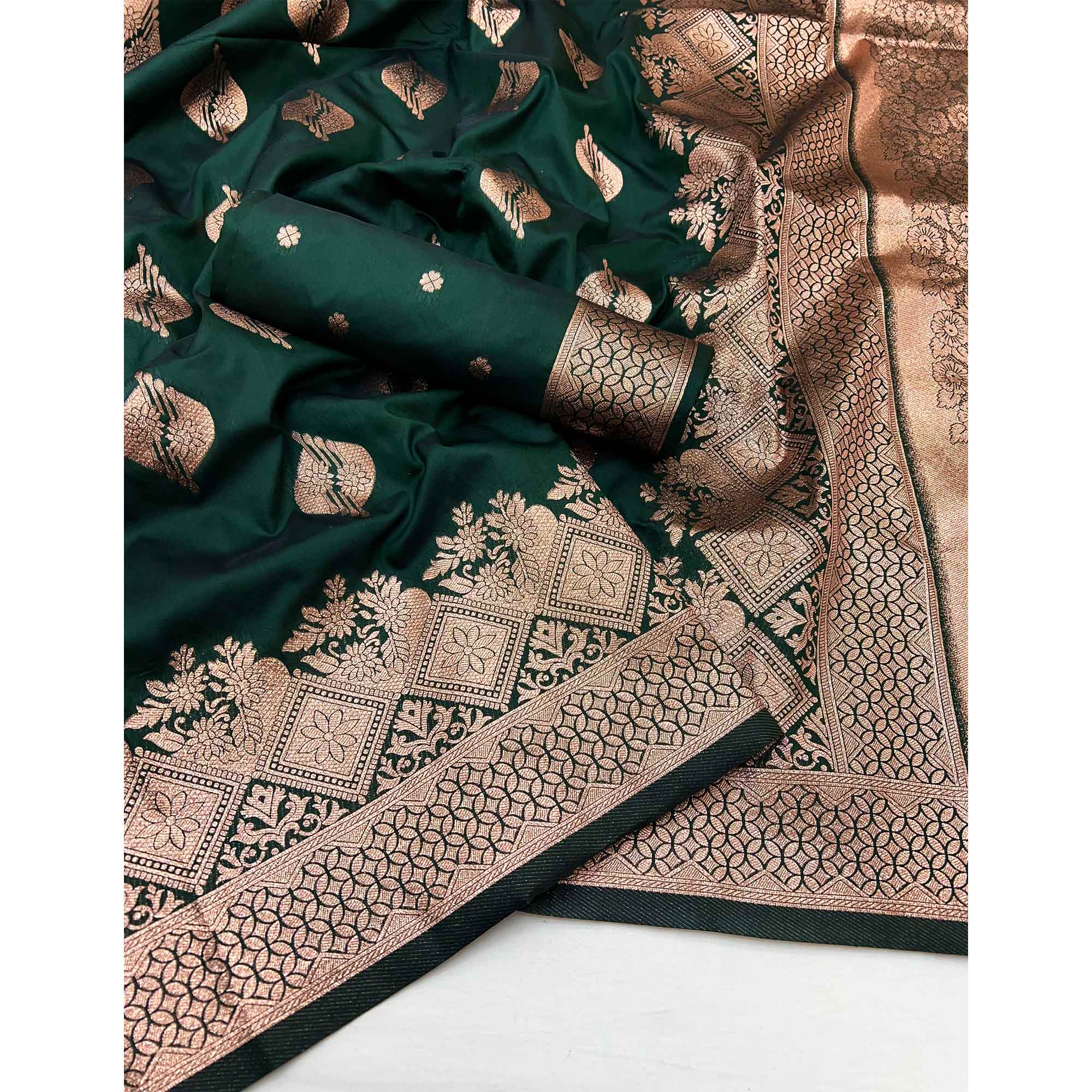 Bottle Green Floral Woven Banarasi Silk Saree