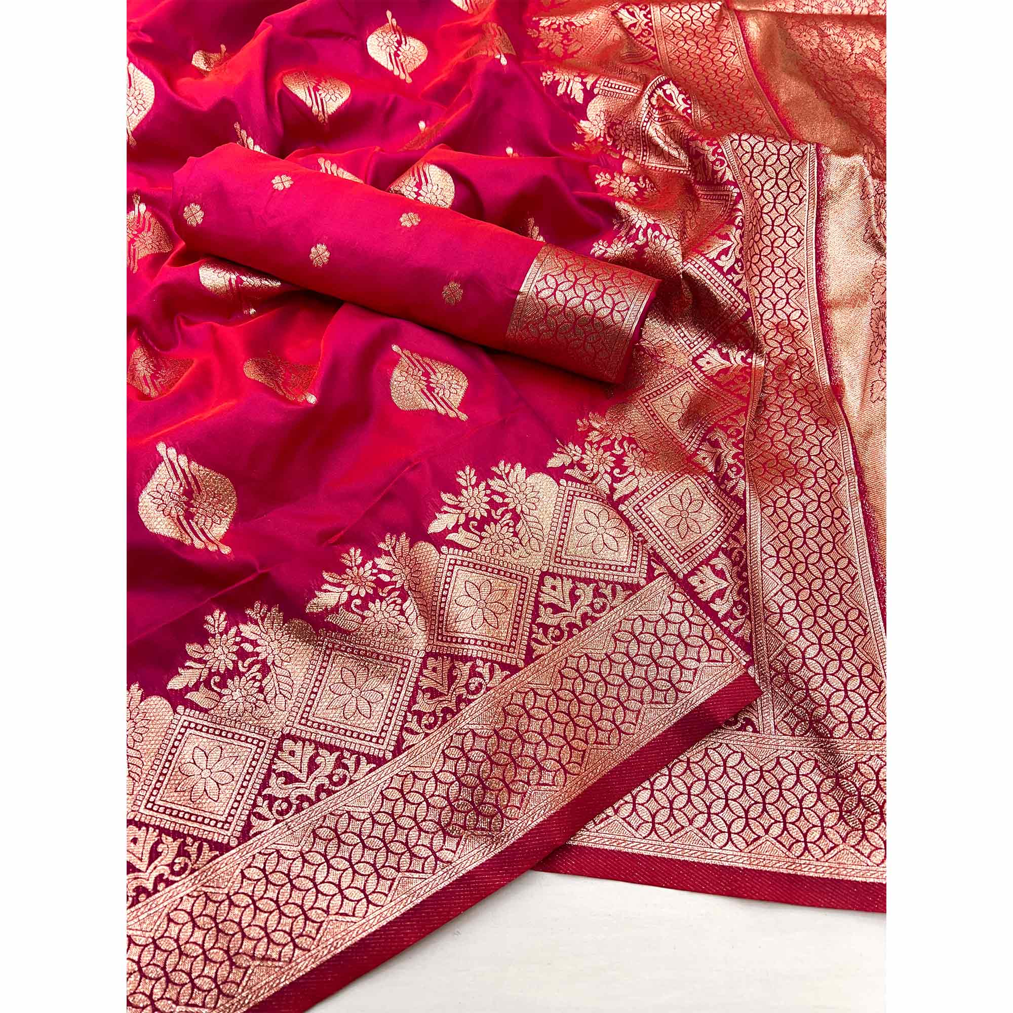 Pink Floral Woven Banarasi Silk Saree