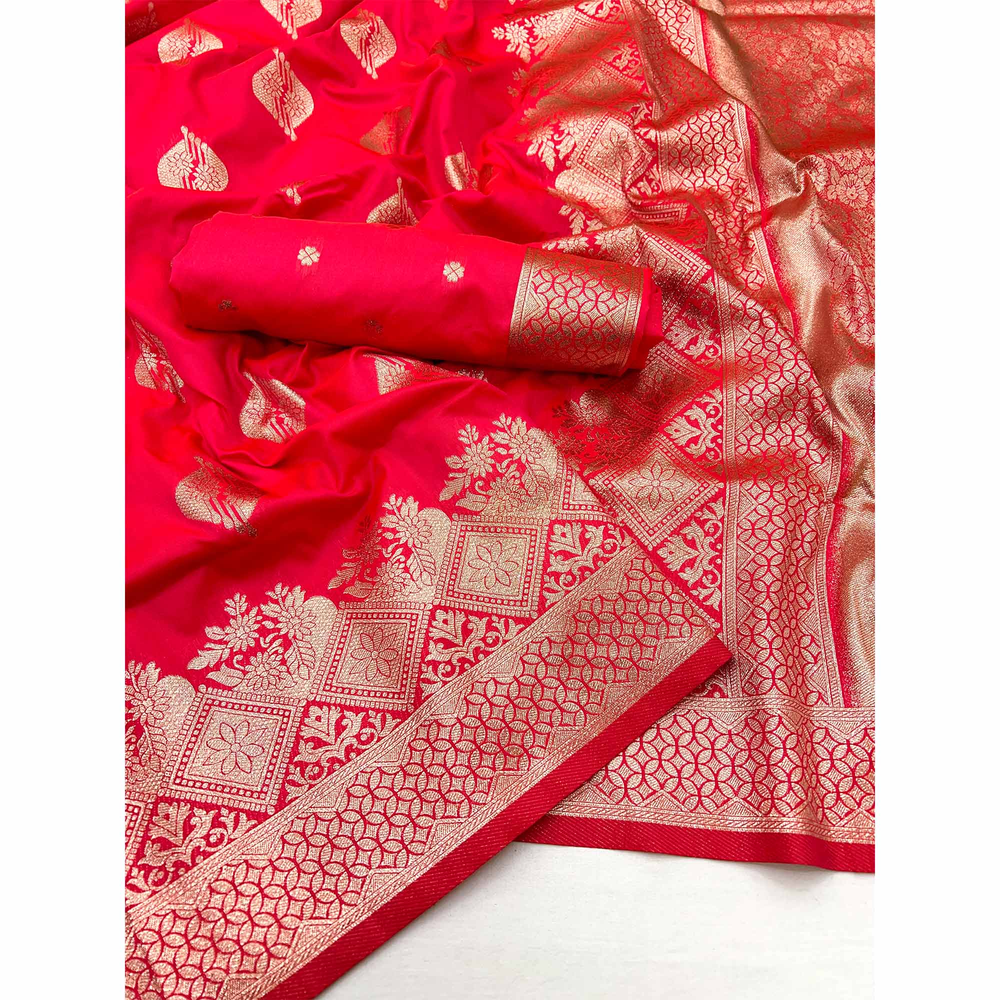 Cherry Red Floral Woven Banarasi Silk Saree
