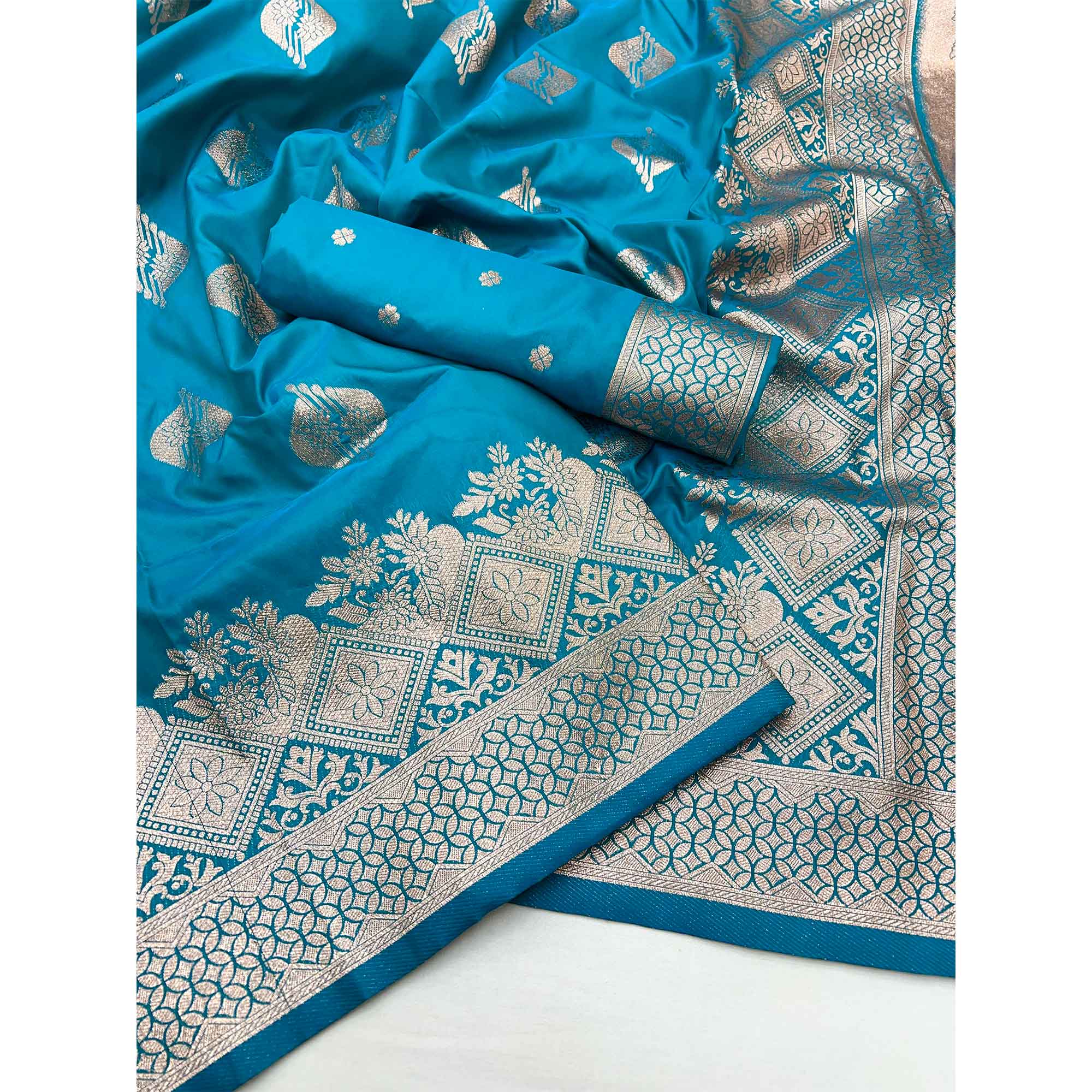 Blue Floral Woven Banarasi Silk Saree