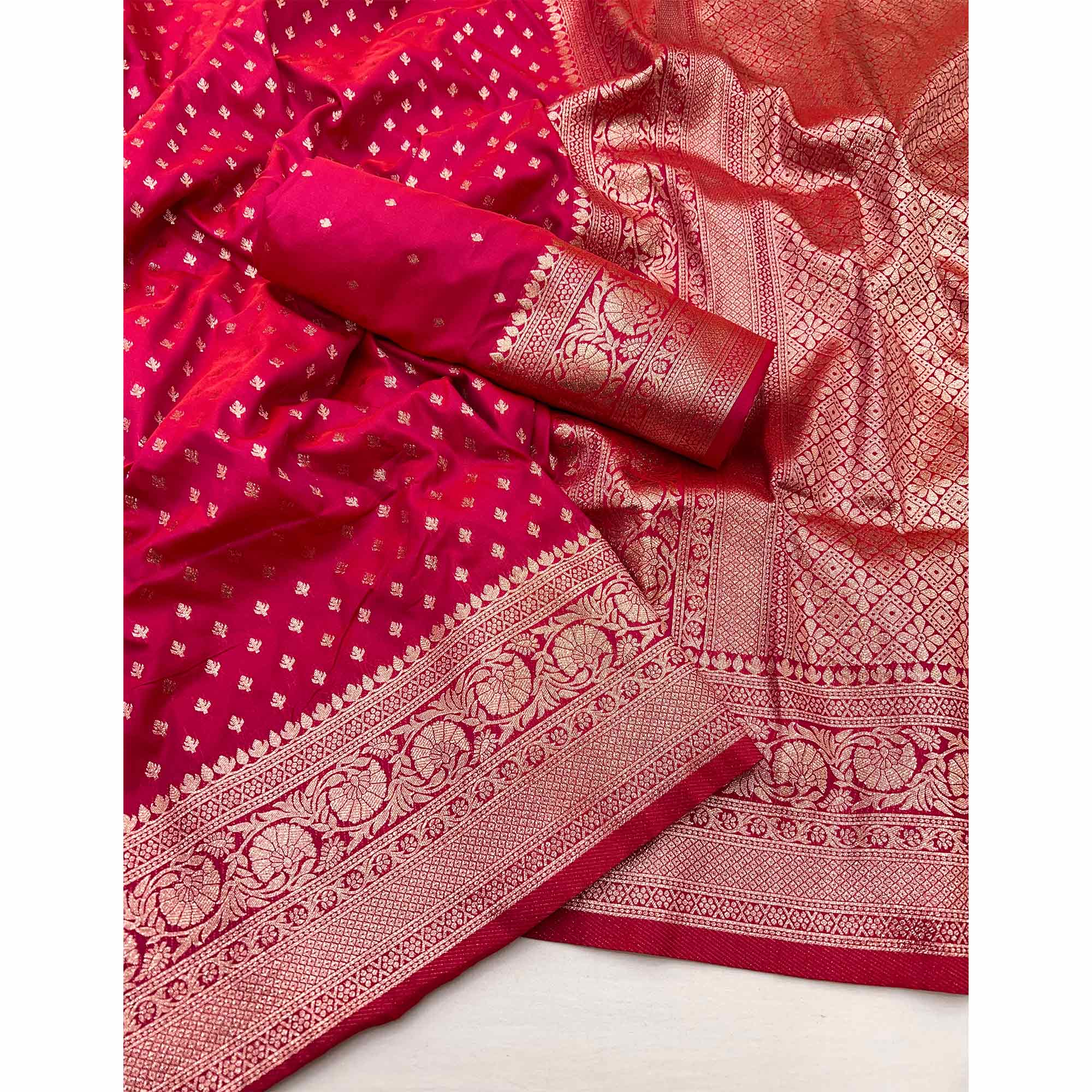 Pink Floral Woven Banarasi Silk Saree