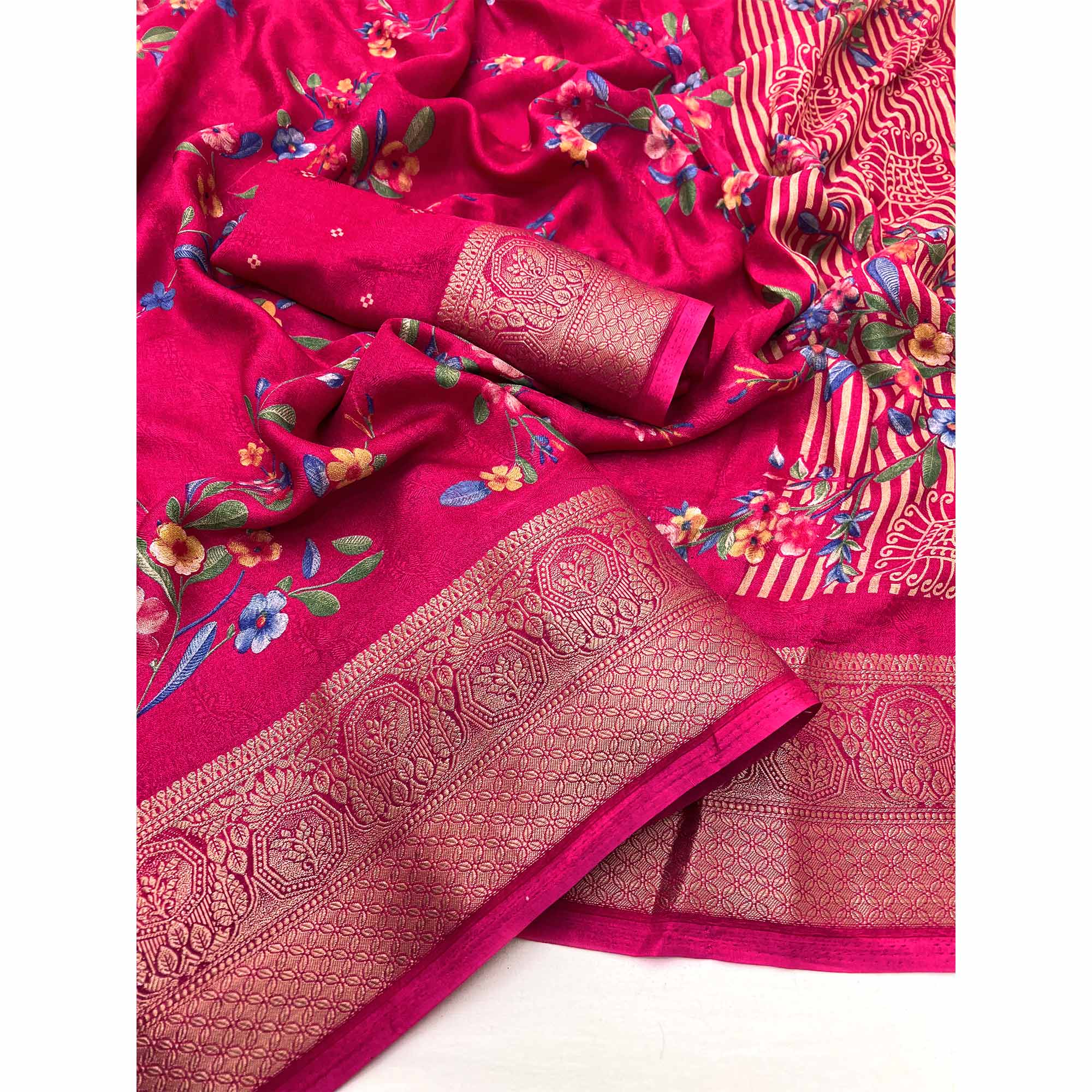 Pink Floral Printed Georgette Saree With Woven Border