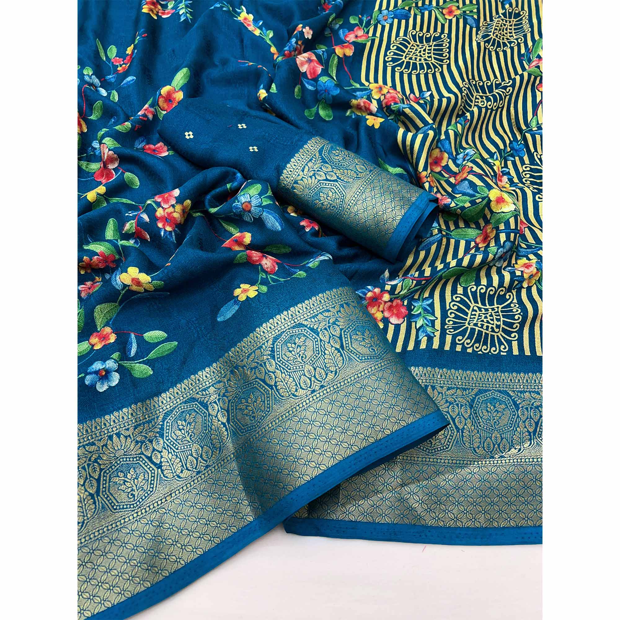 Blue Floral Printed Georgette Saree With Woven Border